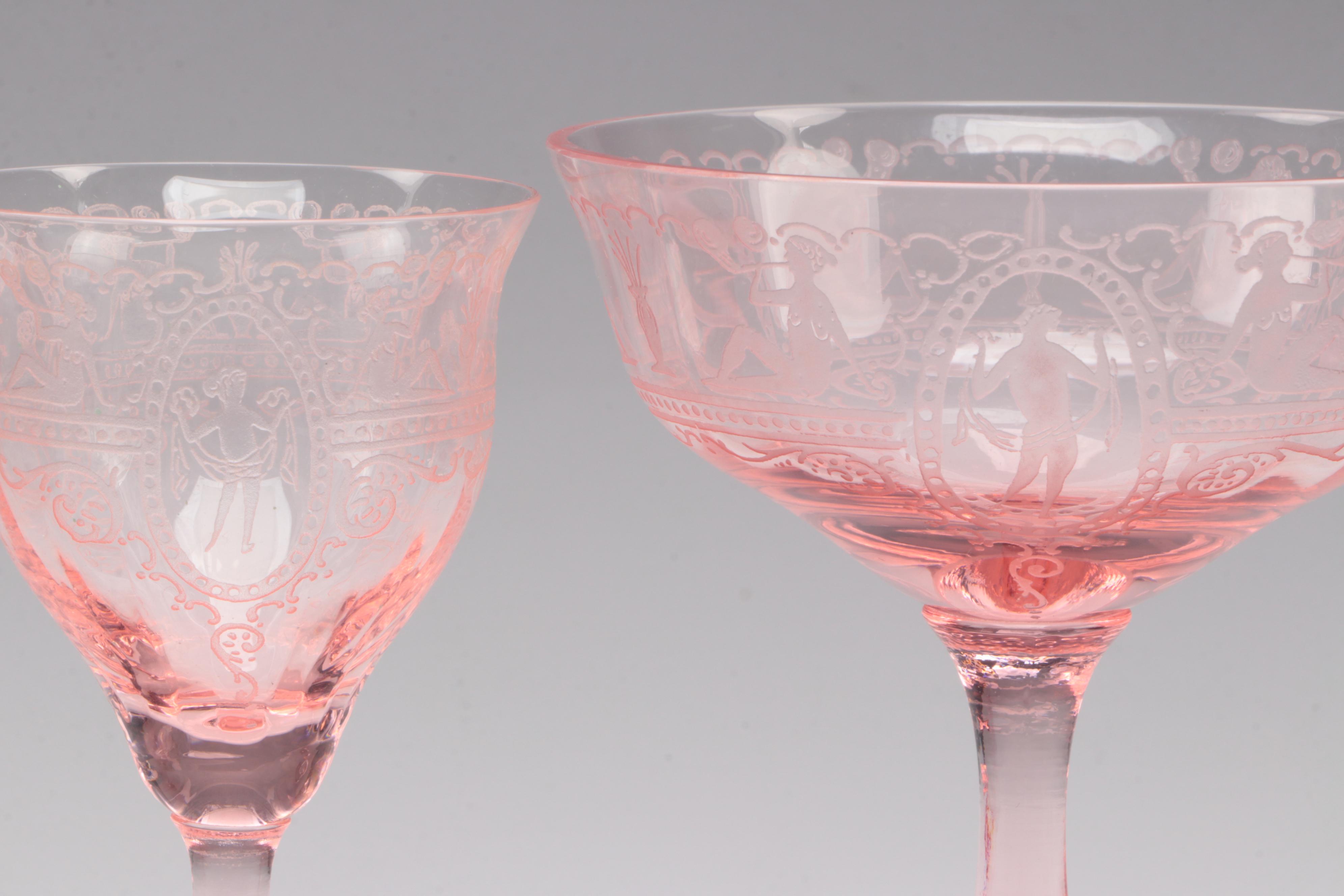 Fry Glass Woman in Cameo Pink Depression Glass Acid Etched Stemware