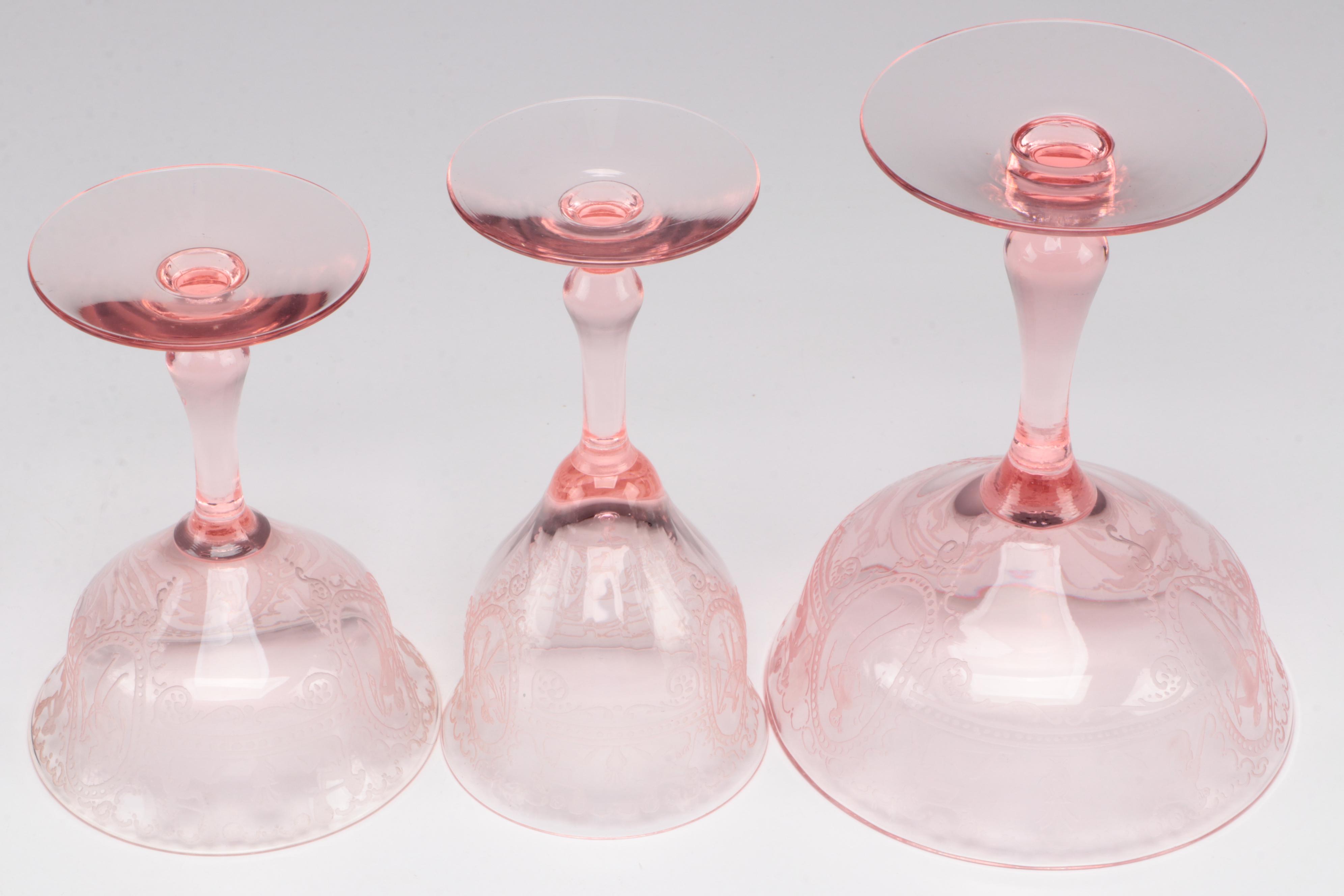 Fry Glass Woman in Cameo Pink Depression Glass Acid Etched Stemware