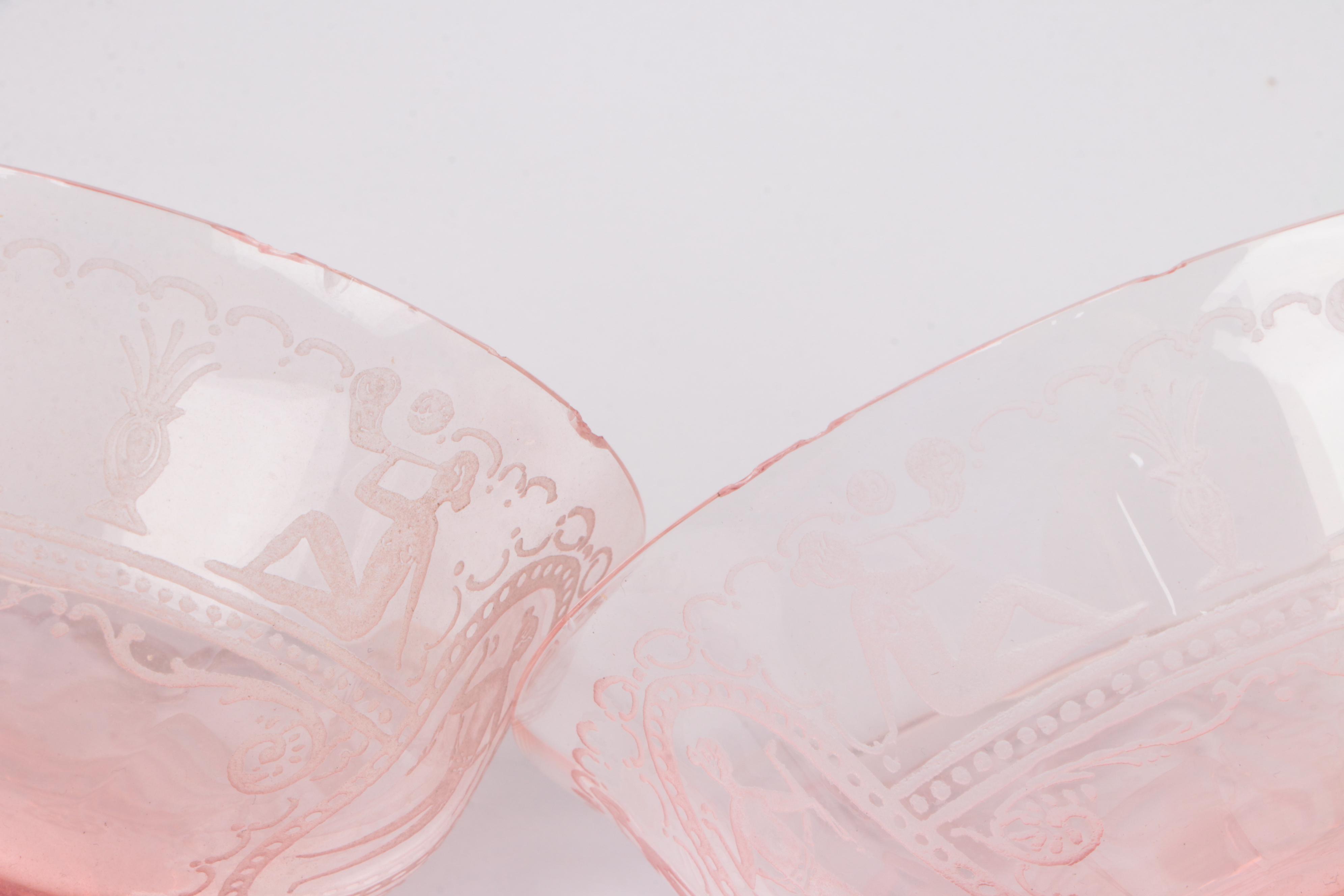 Fry Glass Woman in Cameo Pink Depression Glass Acid Etched Stemware