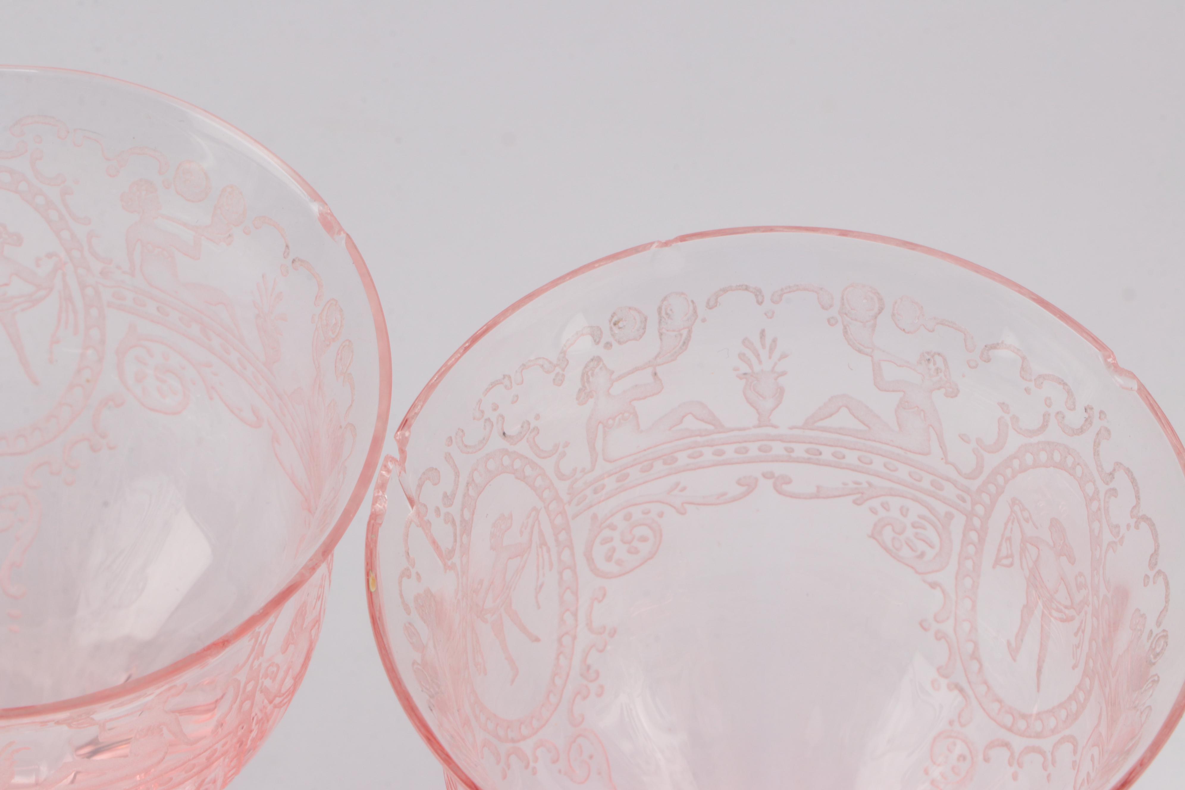 Fry Glass Woman in Cameo Pink Depression Glass Acid Etched Stemware