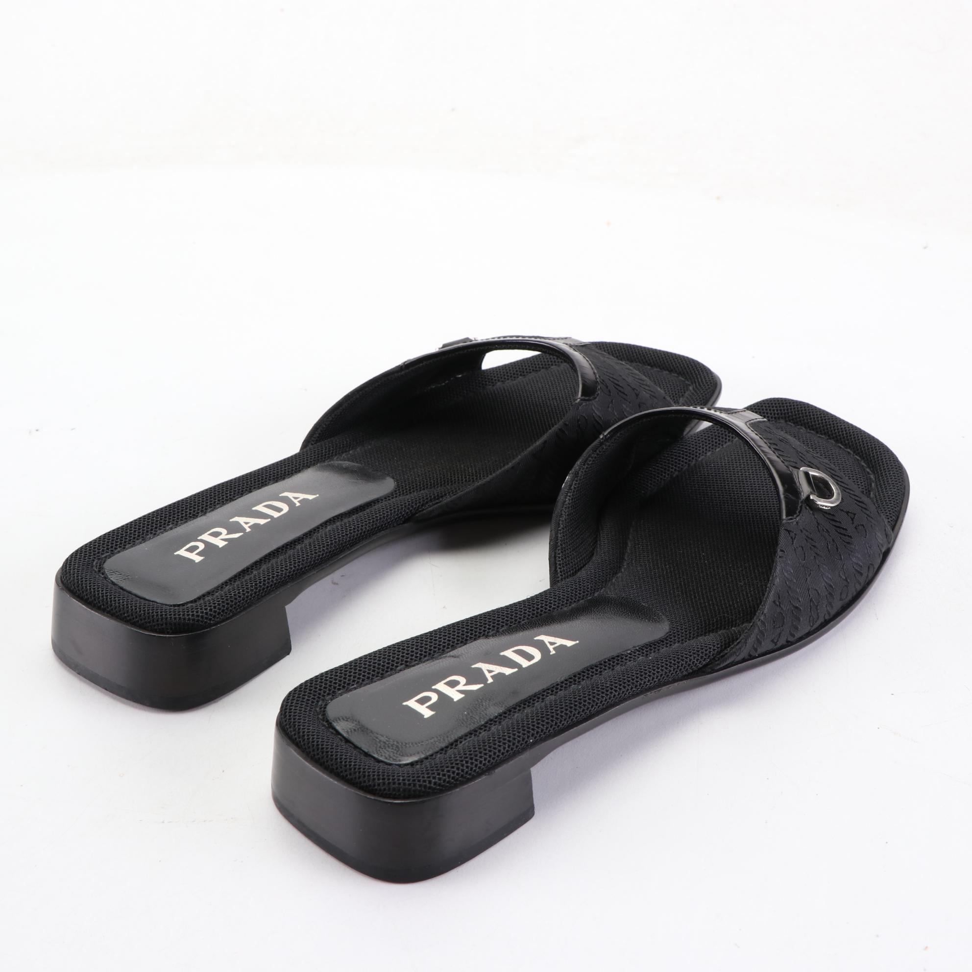 Prada Slide Sandals in Logo Jacquard and Leather Trim