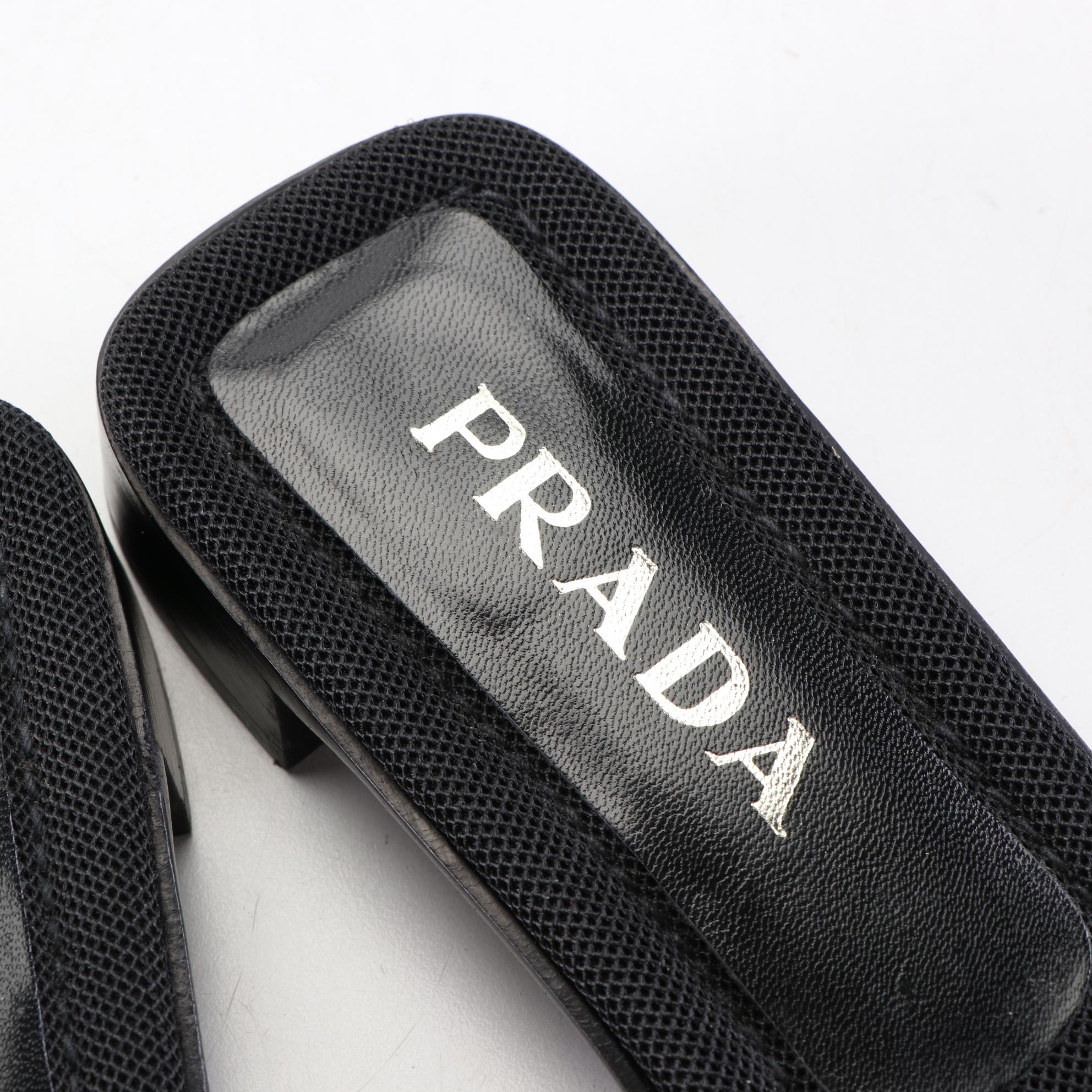 Prada Slide Sandals in Logo Jacquard and Leather Trim