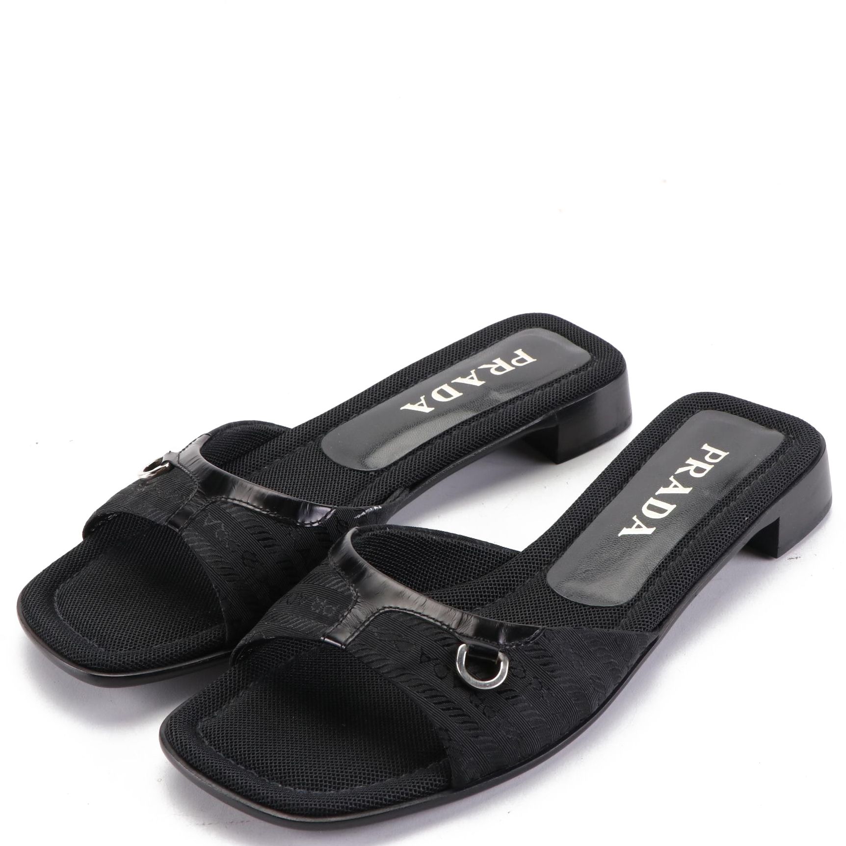 Prada Slide Sandals in Logo Jacquard and Leather Trim