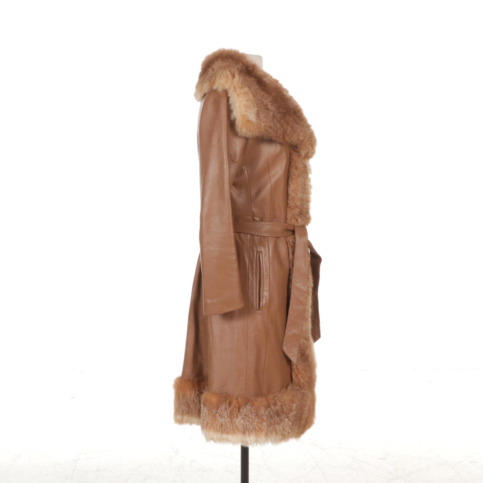 Leather and Australian Possum Fur Coat with Tie Belt