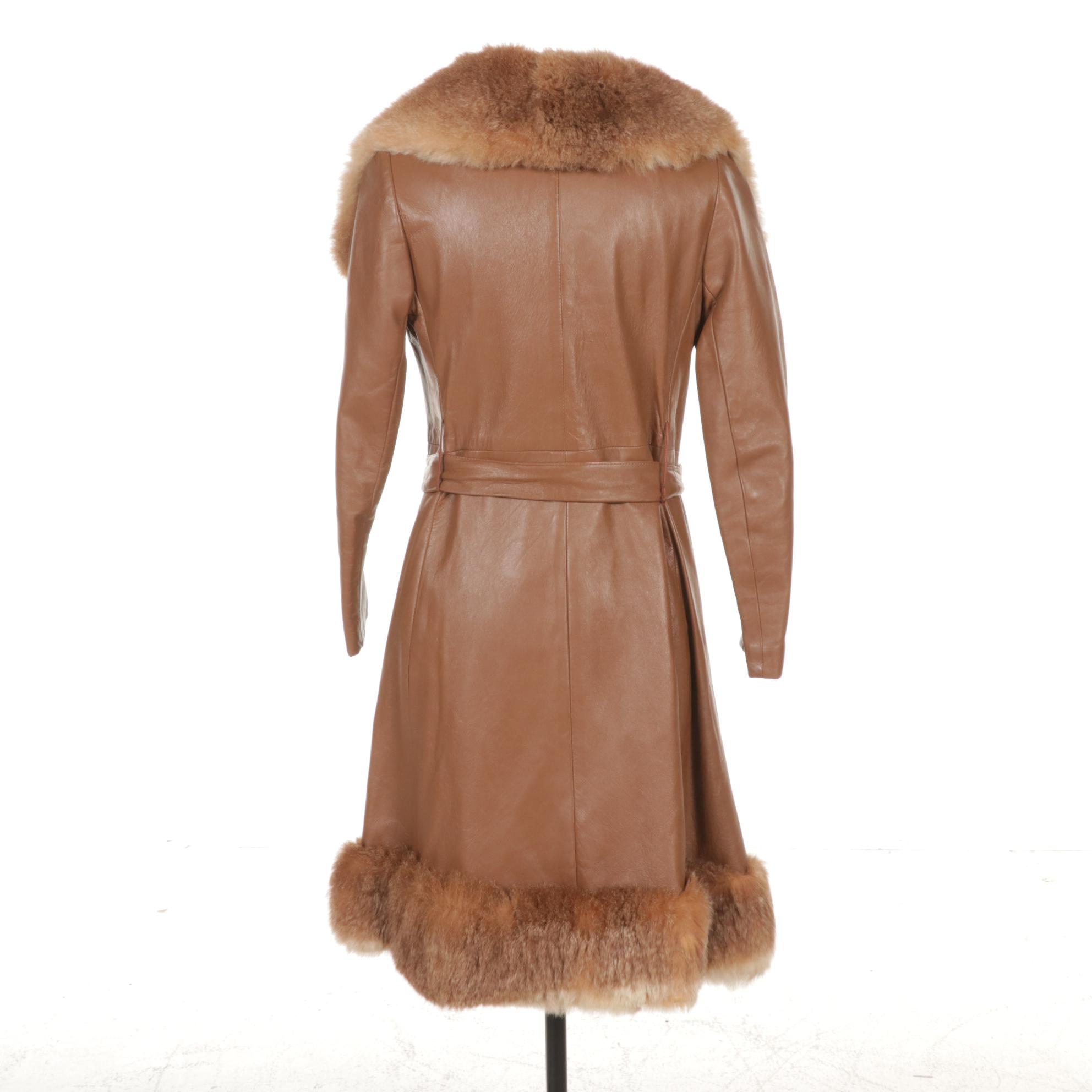 Leather and Australian Possum Fur Coat with Tie Belt