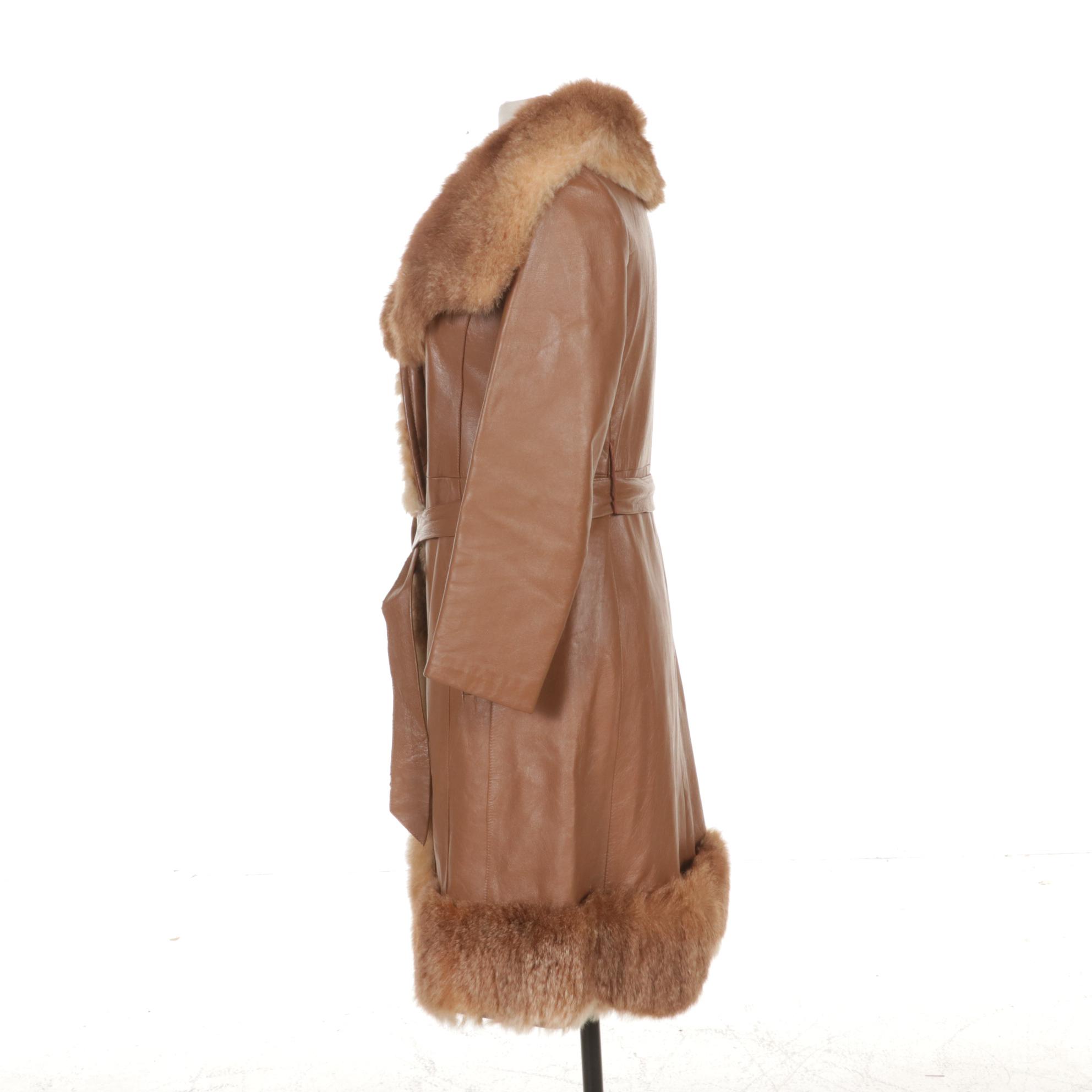 Leather and Australian Possum Fur Coat with Tie Belt