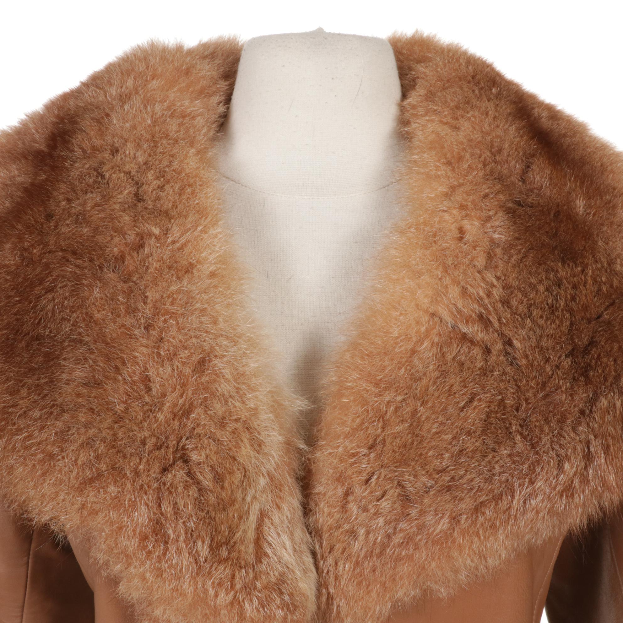 Leather and Australian Possum Fur Coat with Tie Belt