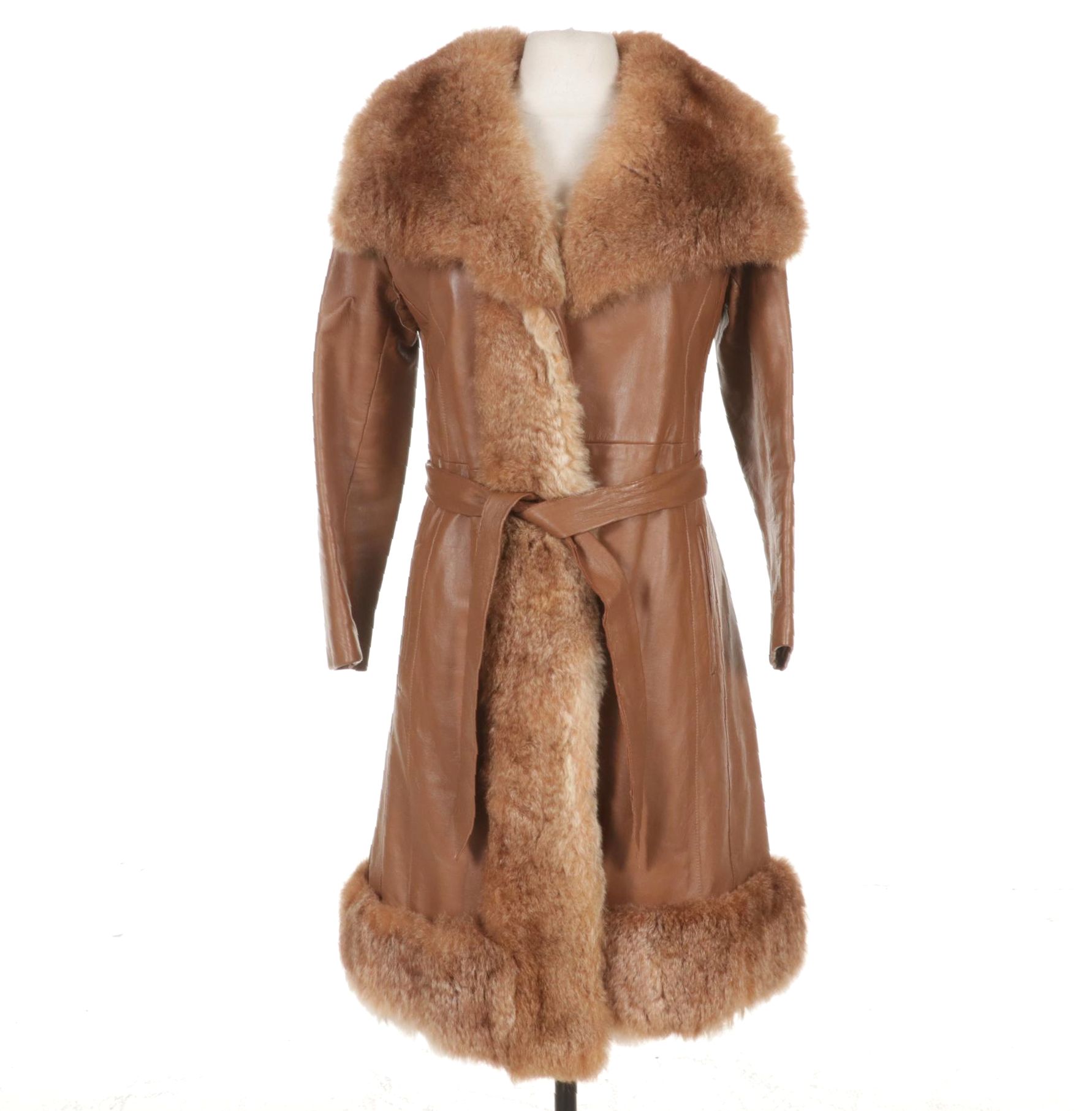 Leather and Australian Possum Fur Coat with Tie Belt