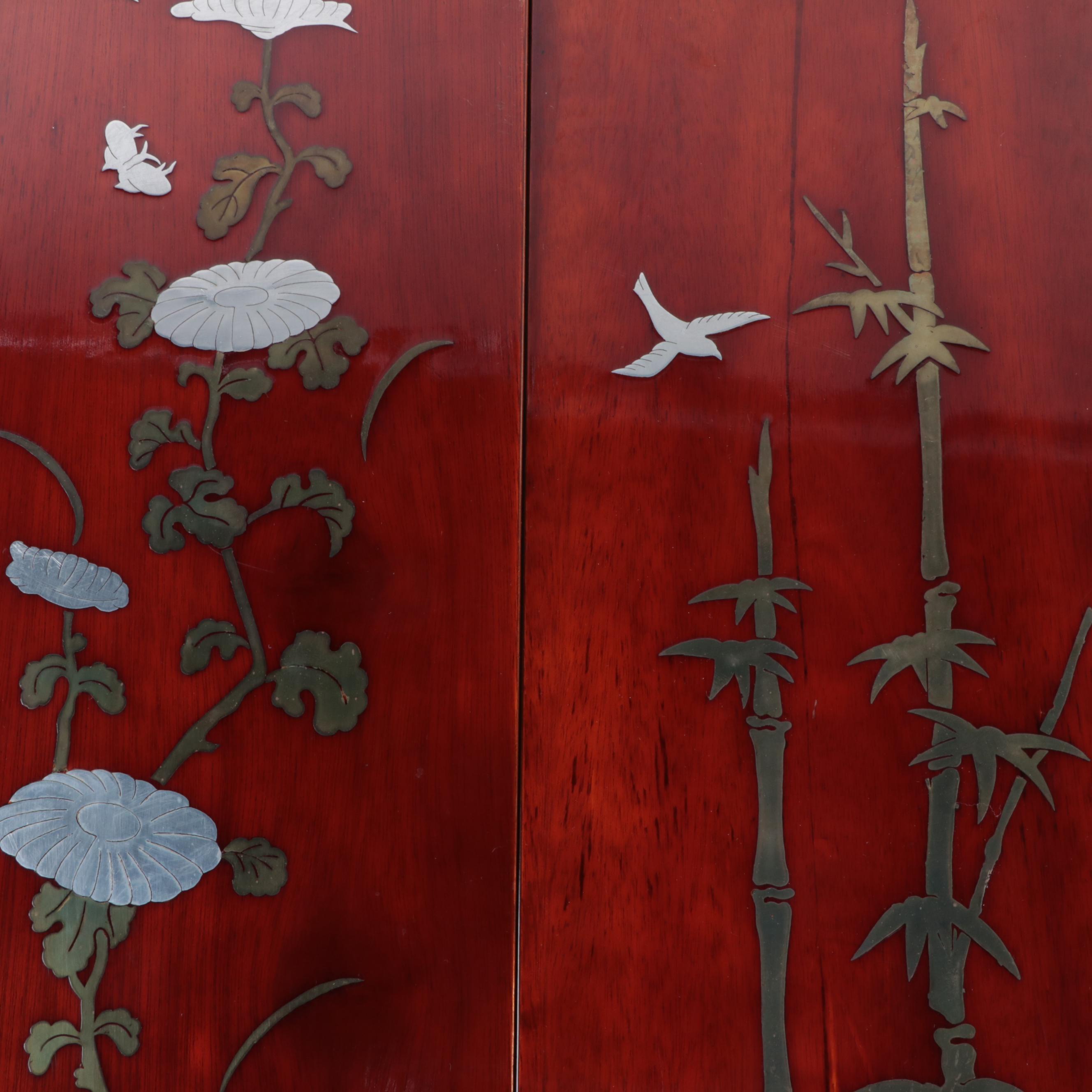 East Asian Red Lacquered Wood and Metal Hanging Panels