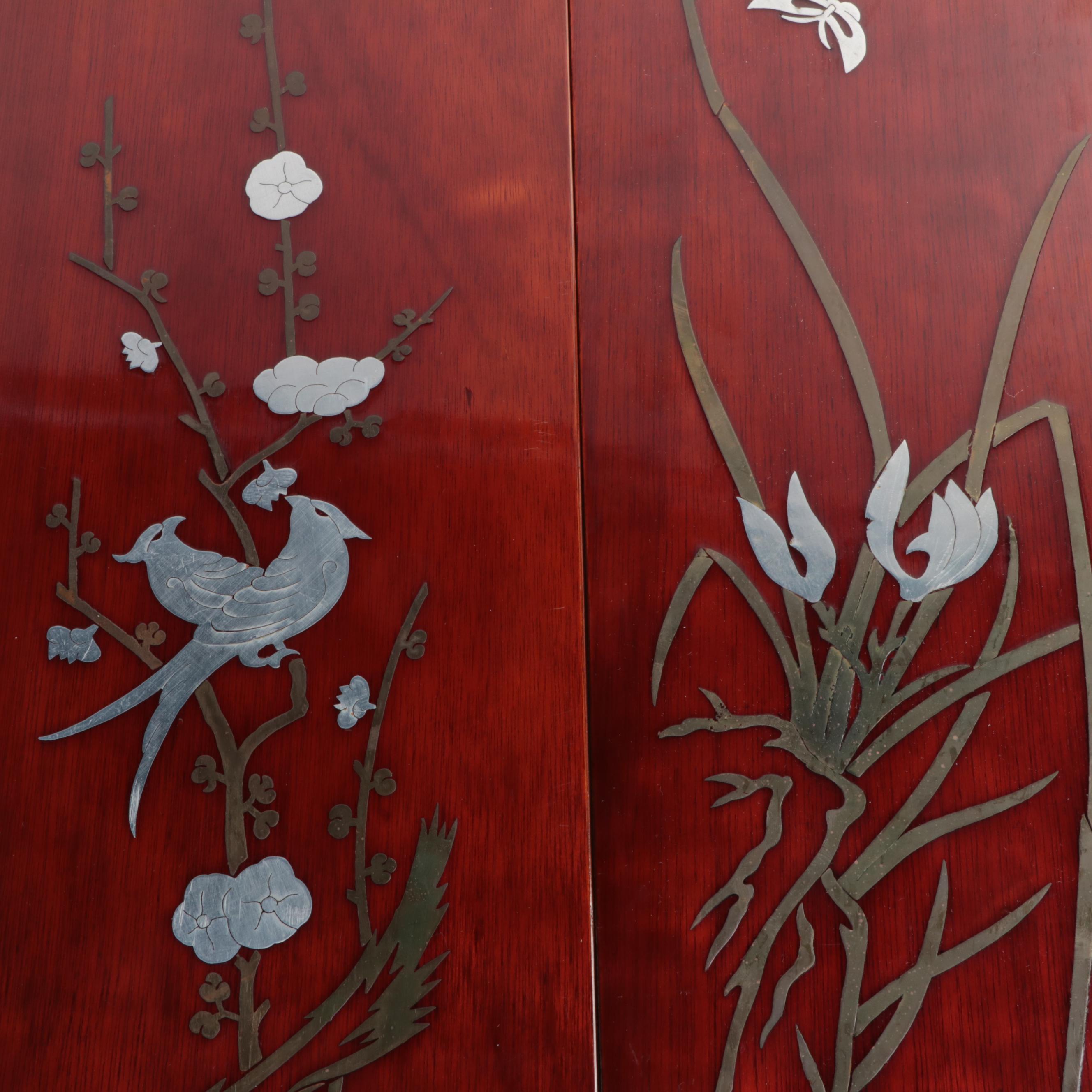 East Asian Red Lacquered Wood and Metal Hanging Panels