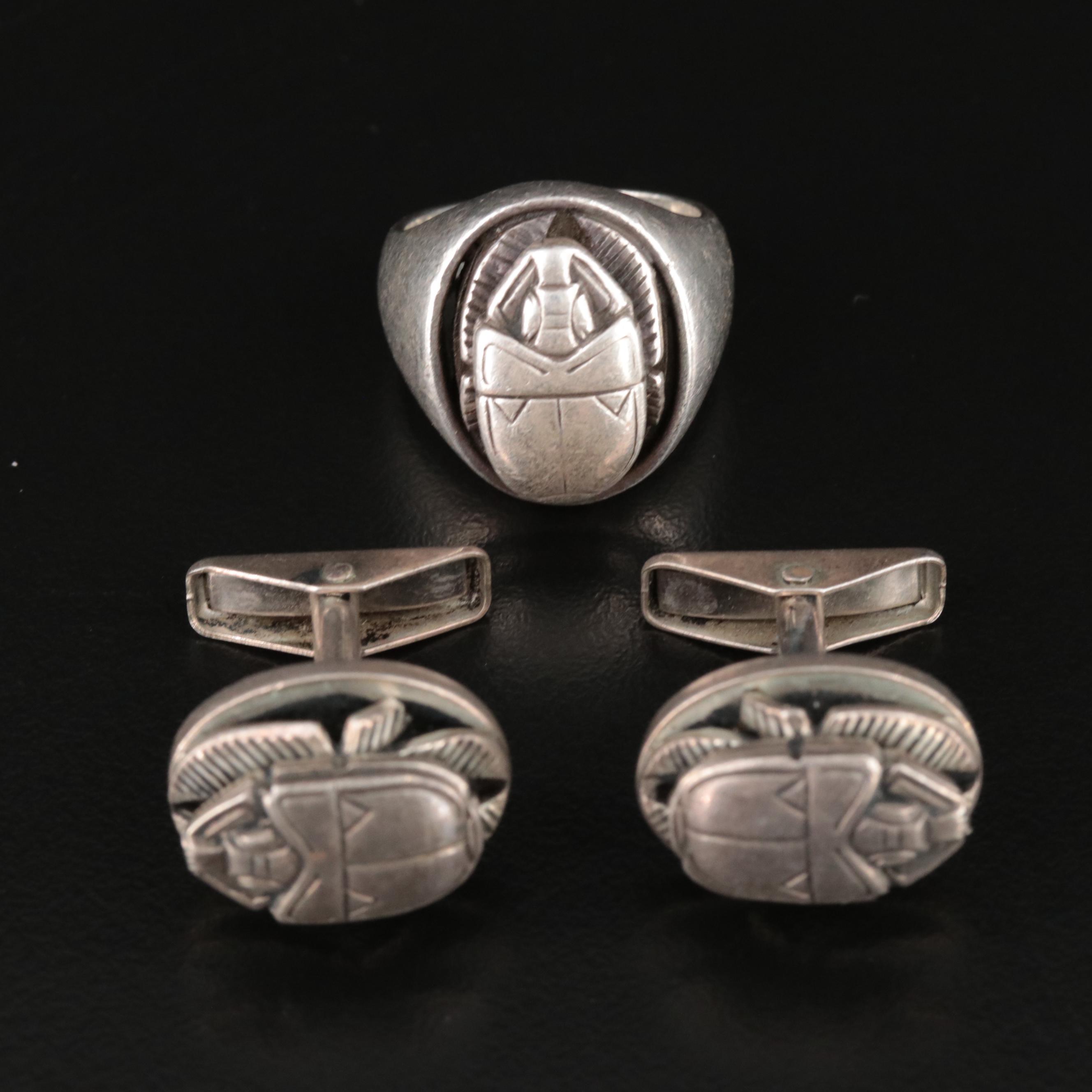 1940s Allan Adler Sterling Scarab Cufflinks and Ring