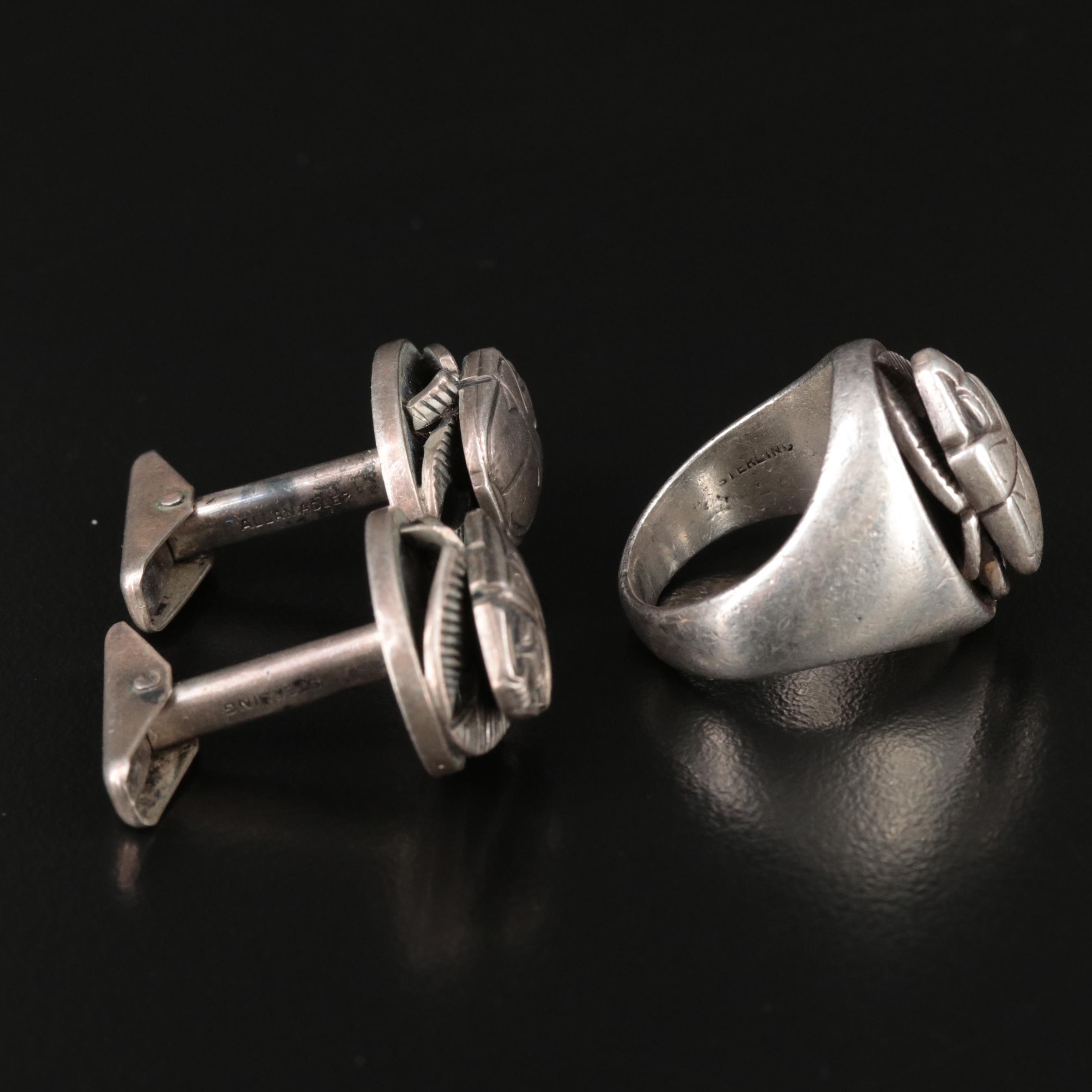1940s Allan Adler Sterling Scarab Cufflinks and Ring