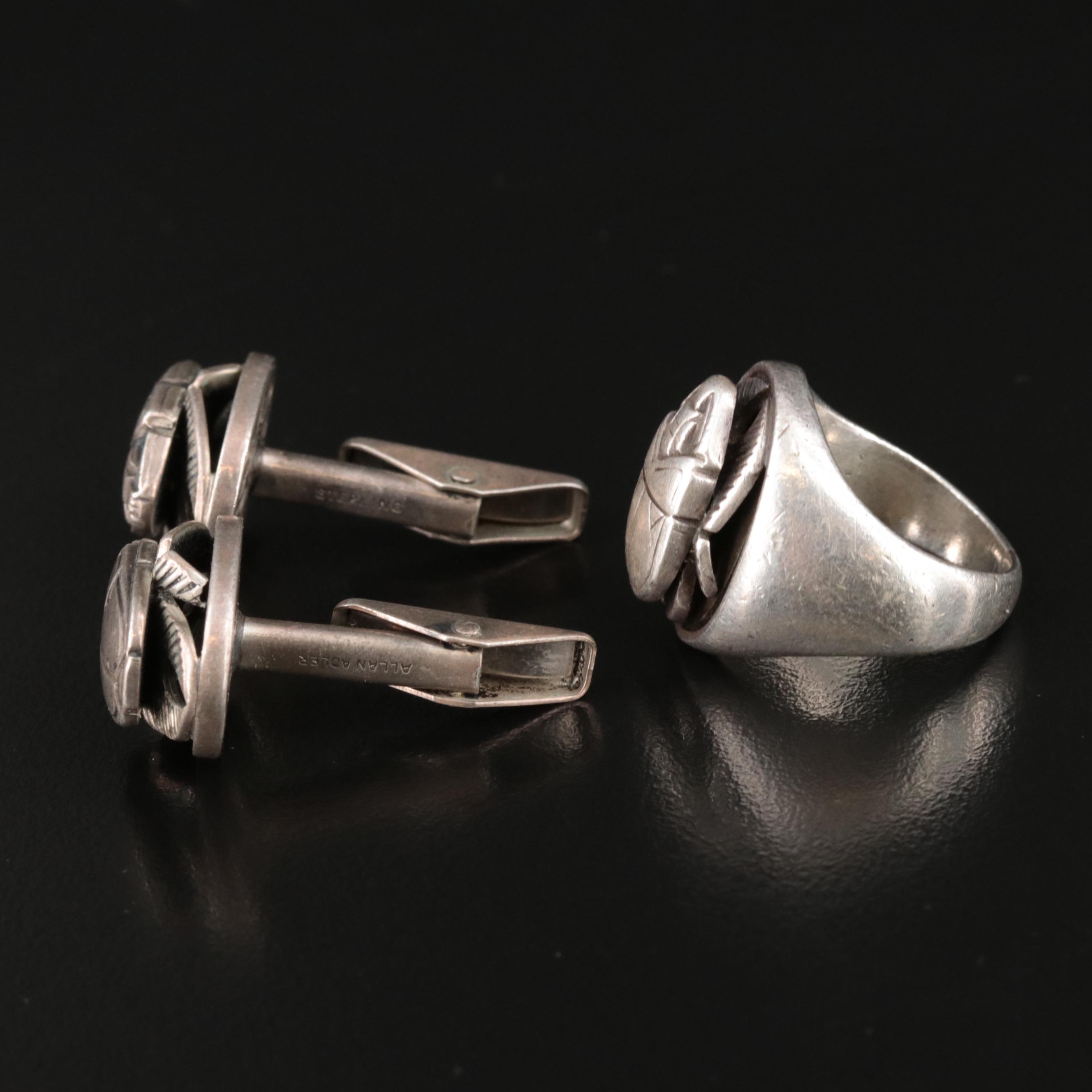 1940s Allan Adler Sterling Scarab Cufflinks and Ring
