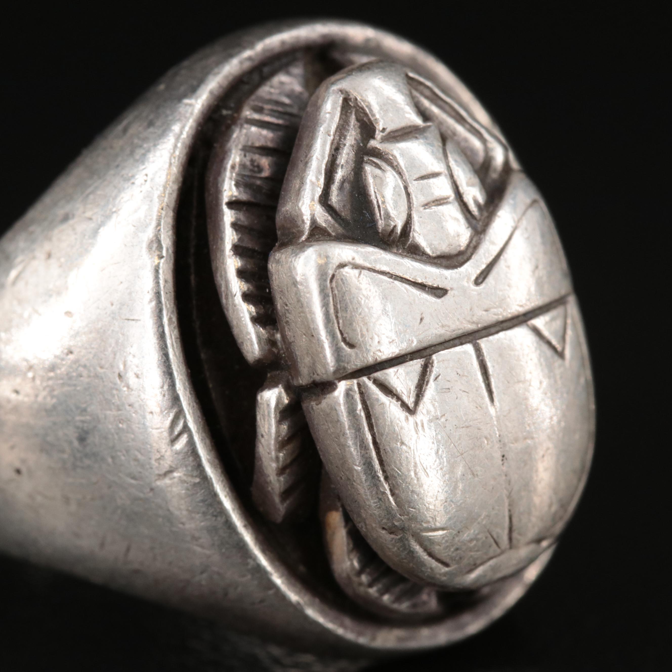 1940s Allan Adler Sterling Scarab Cufflinks and Ring