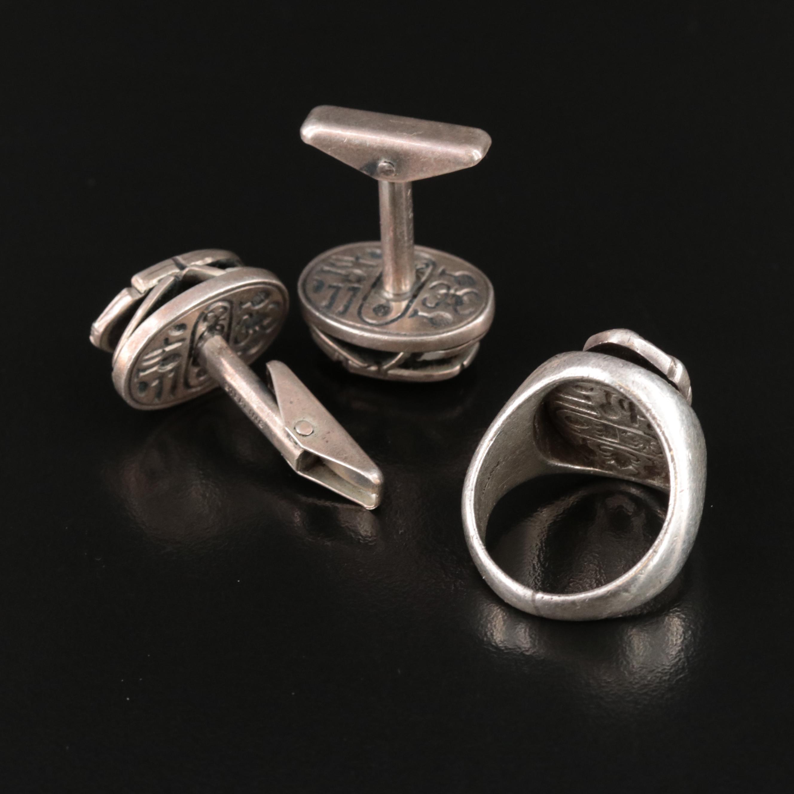 1940s Allan Adler Sterling Scarab Cufflinks and Ring