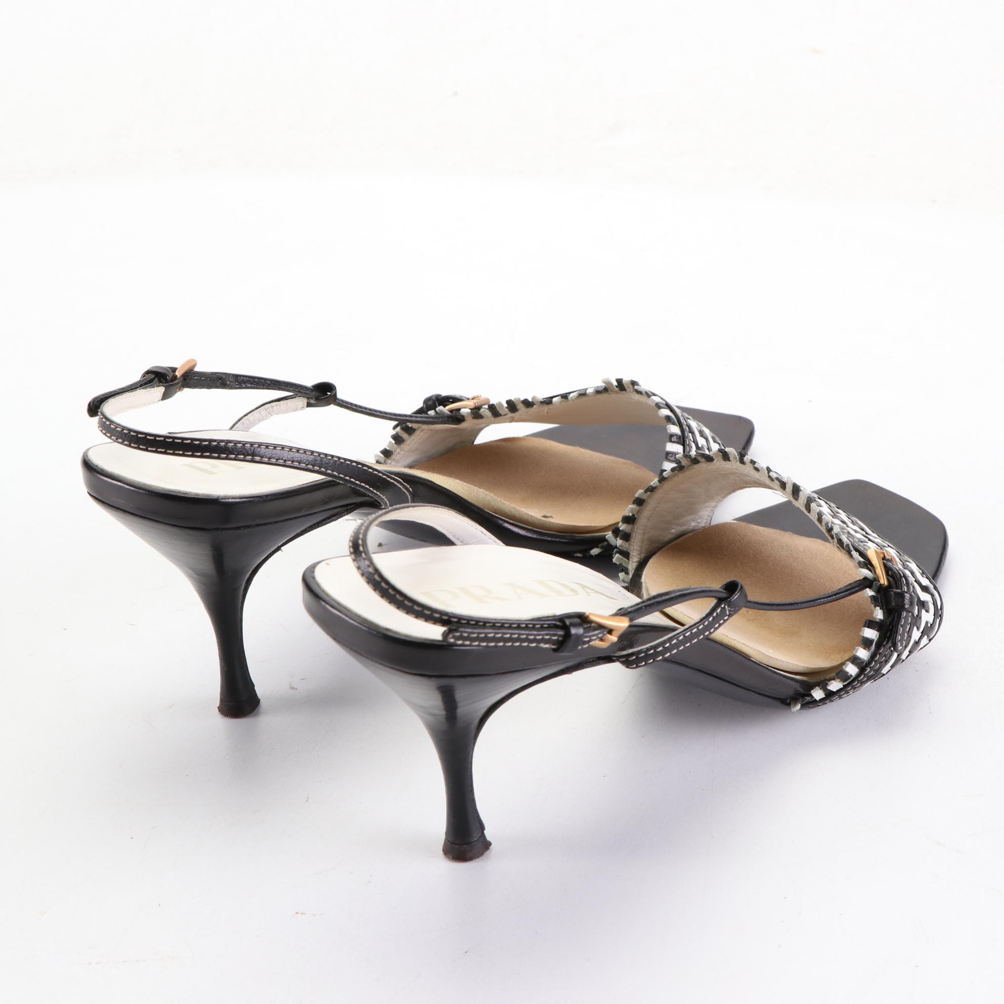 Prada Slingback Sandals in Black/White Woven Leather
