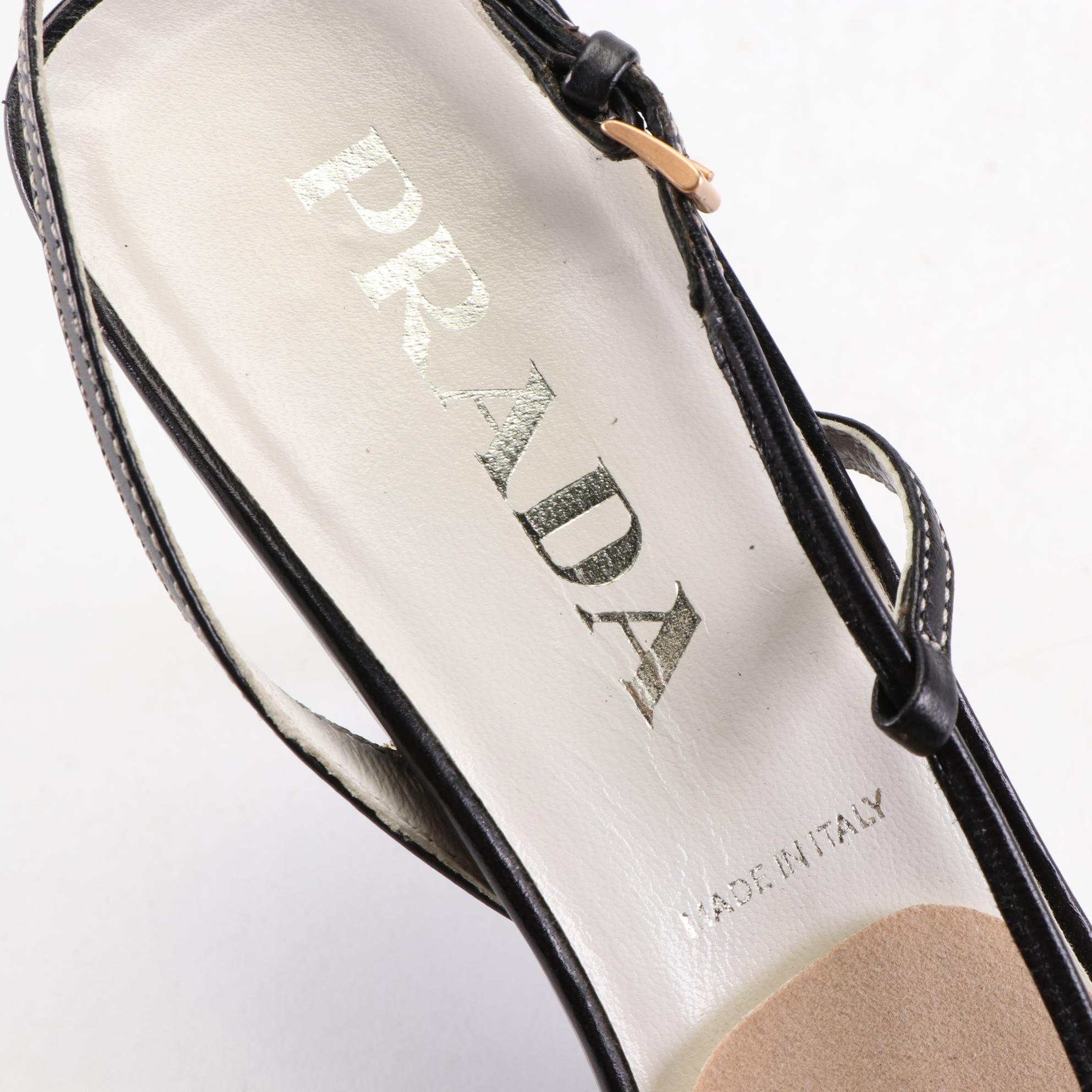 Prada Slingback Sandals in Black/White Woven Leather