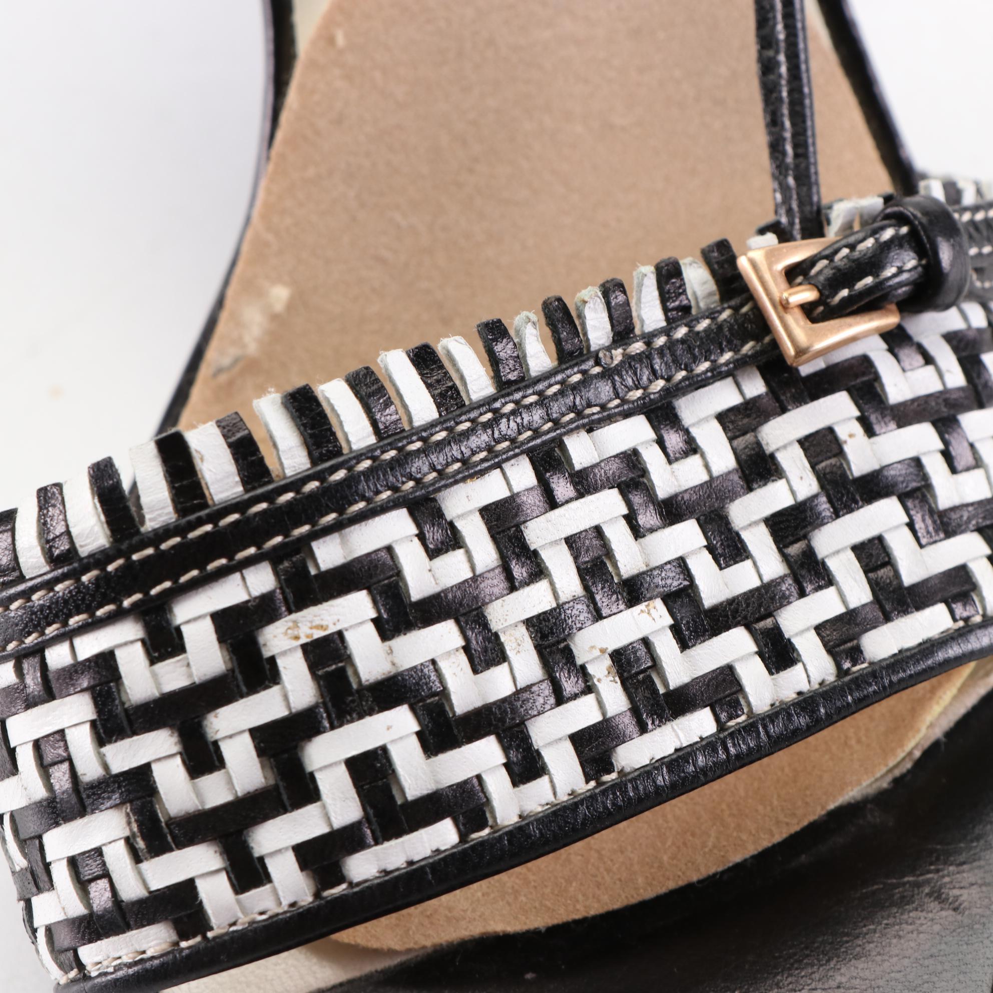 Prada Slingback Sandals in Black/White Woven Leather