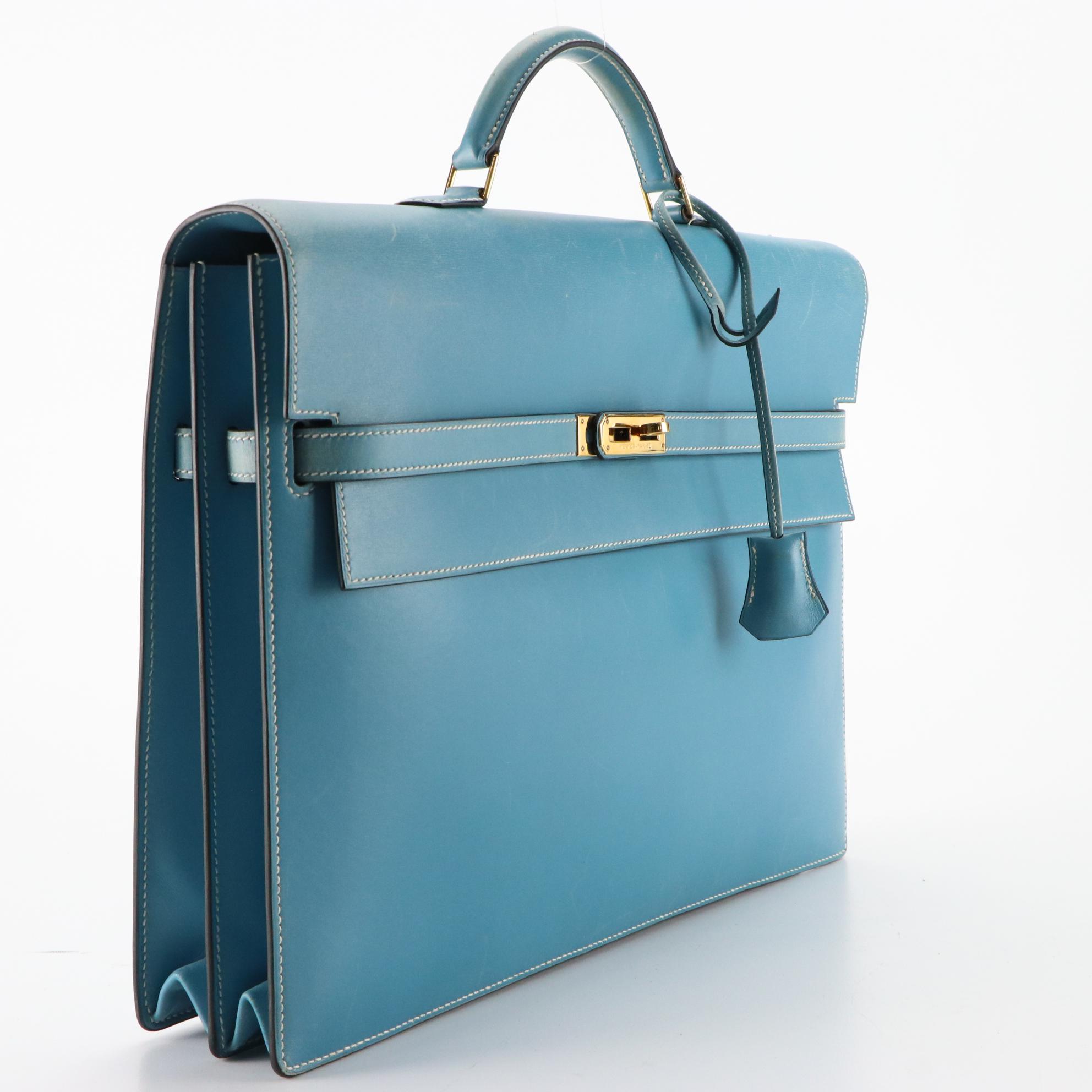Hermès Kelly Depeches 38 Briefcase in Blue Jean Gulliver Leather