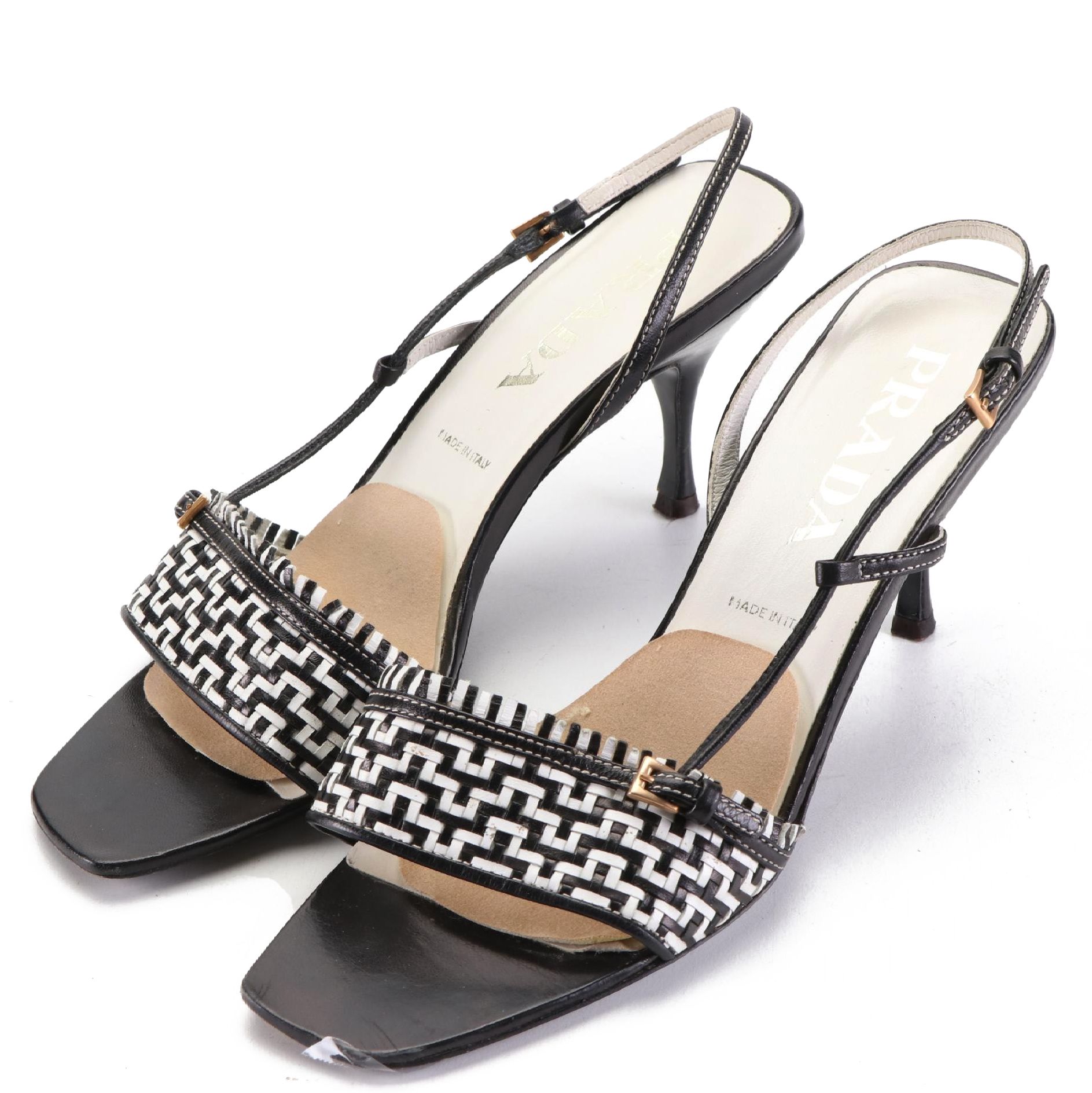 Prada Slingback Sandals in Black/White Woven Leather