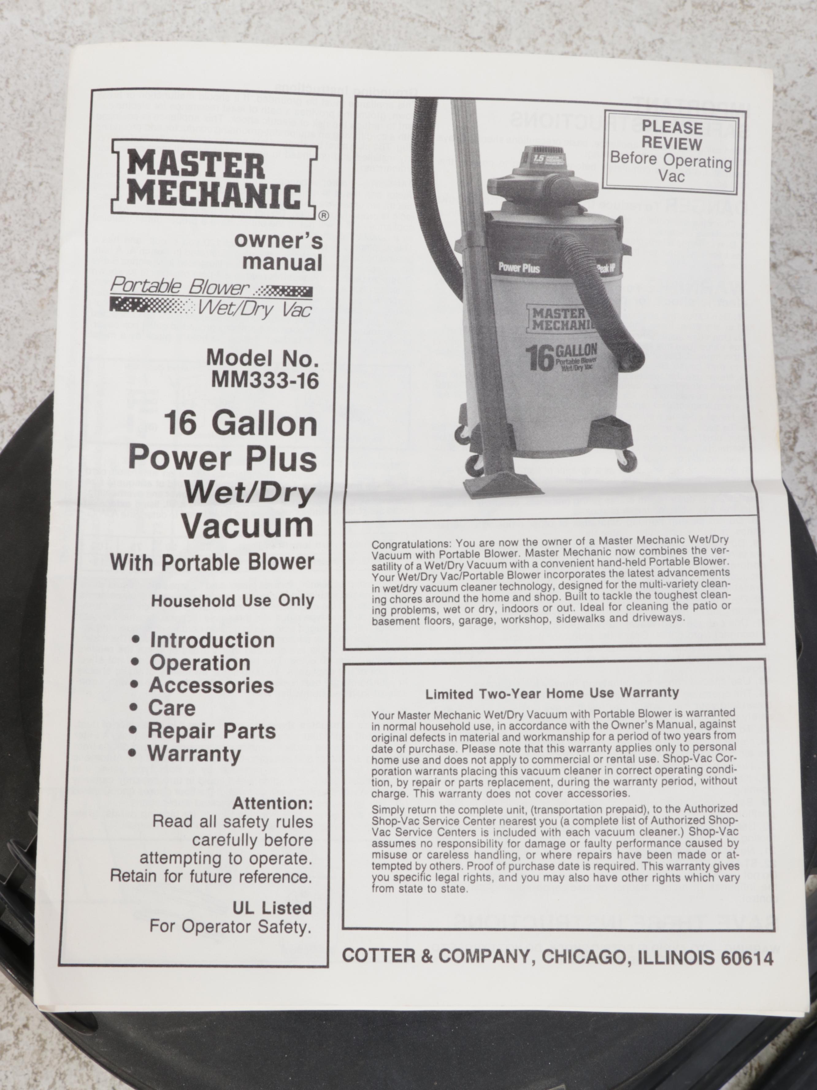 Master Mechanic 16-Gallon Portable Wet/Dry Vacuum