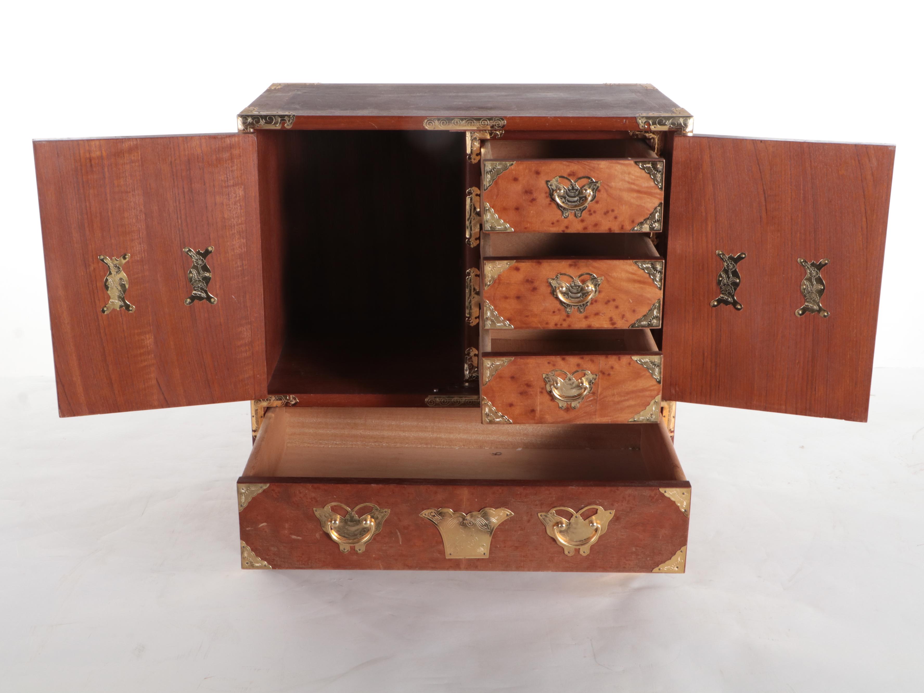 Korean Brass-Mounted Hardwood and Burl Veneered Chest