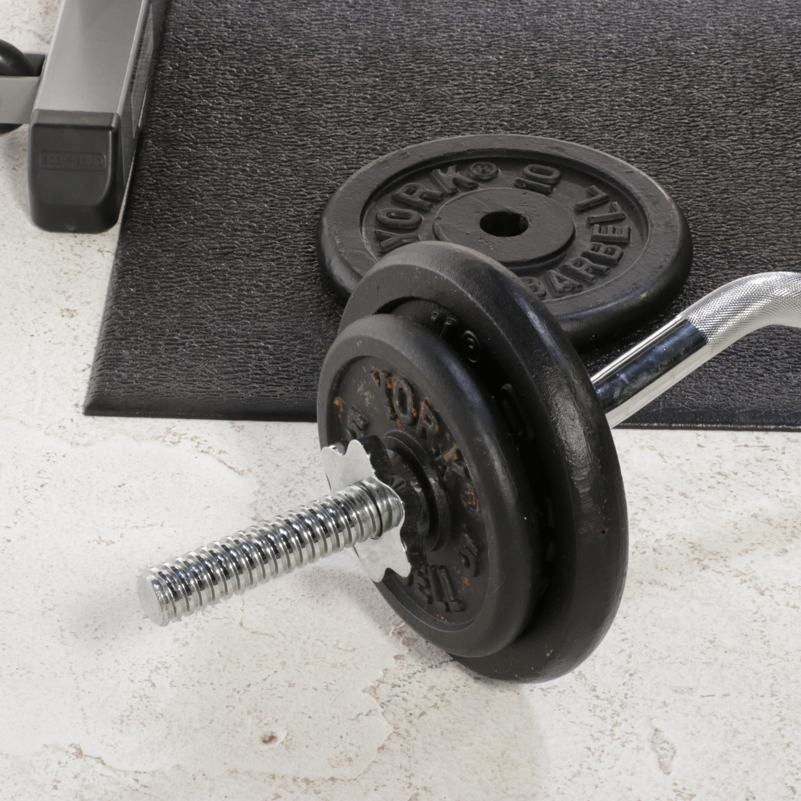 Body Solid Weights and Bench with York Weights, Barbell and Mat