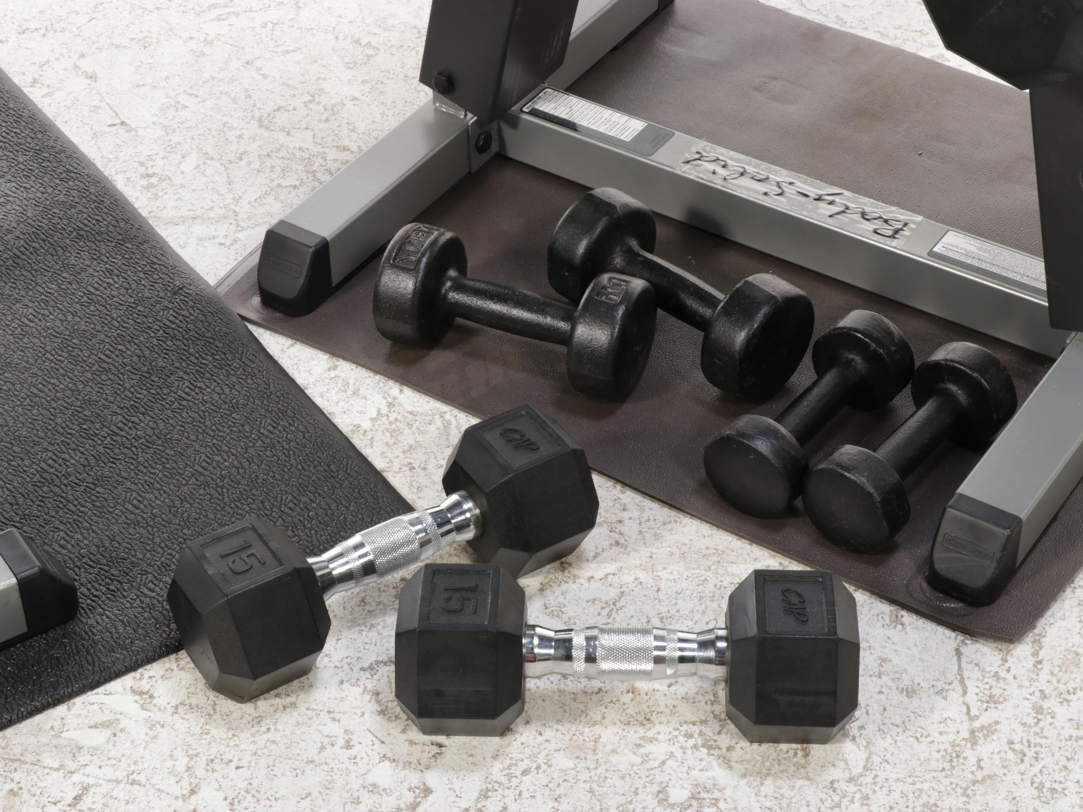 Body Solid Weights and Bench with York Weights, Barbell and Mat