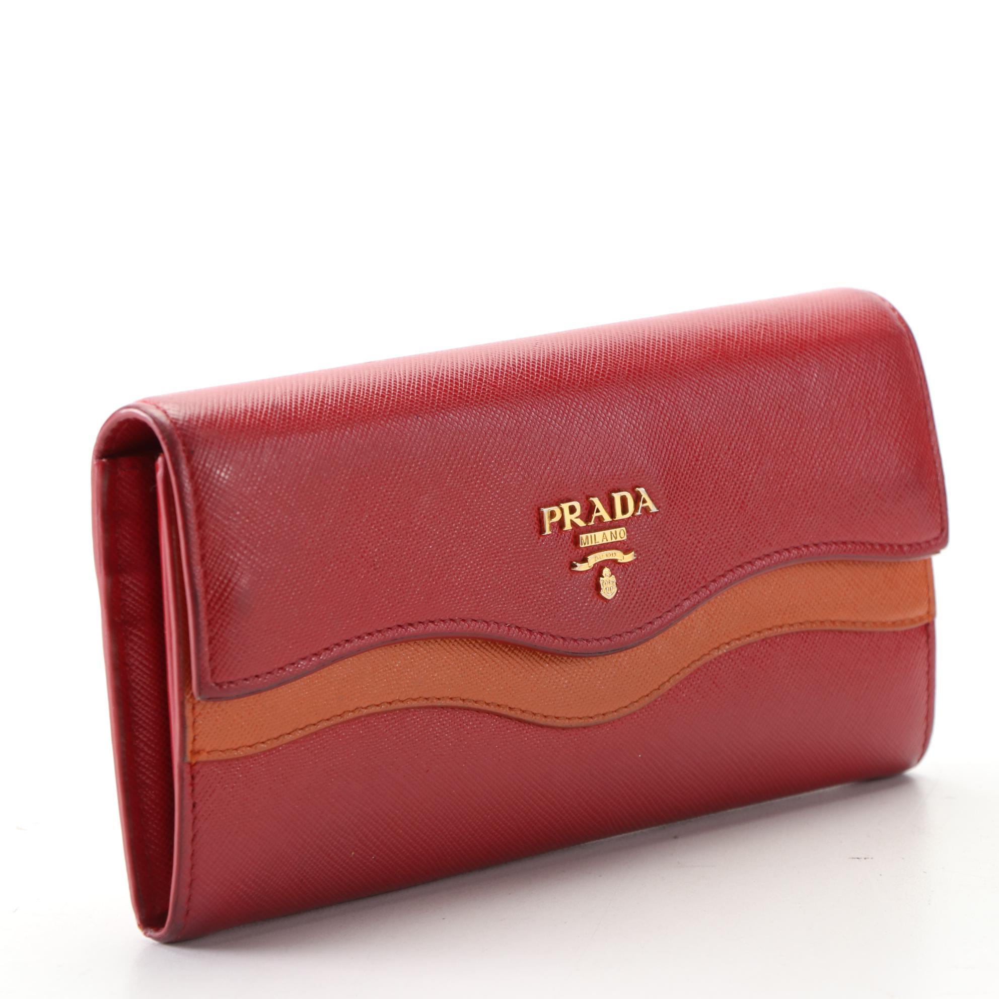 Prada Front Flap Long Wallet in Red and Orange Saffiano Wave Leather