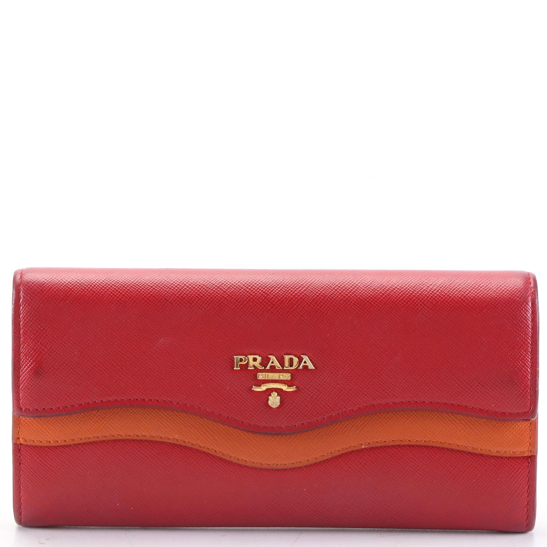Prada Front Flap Long Wallet in Red and Orange Saffiano Wave Leather