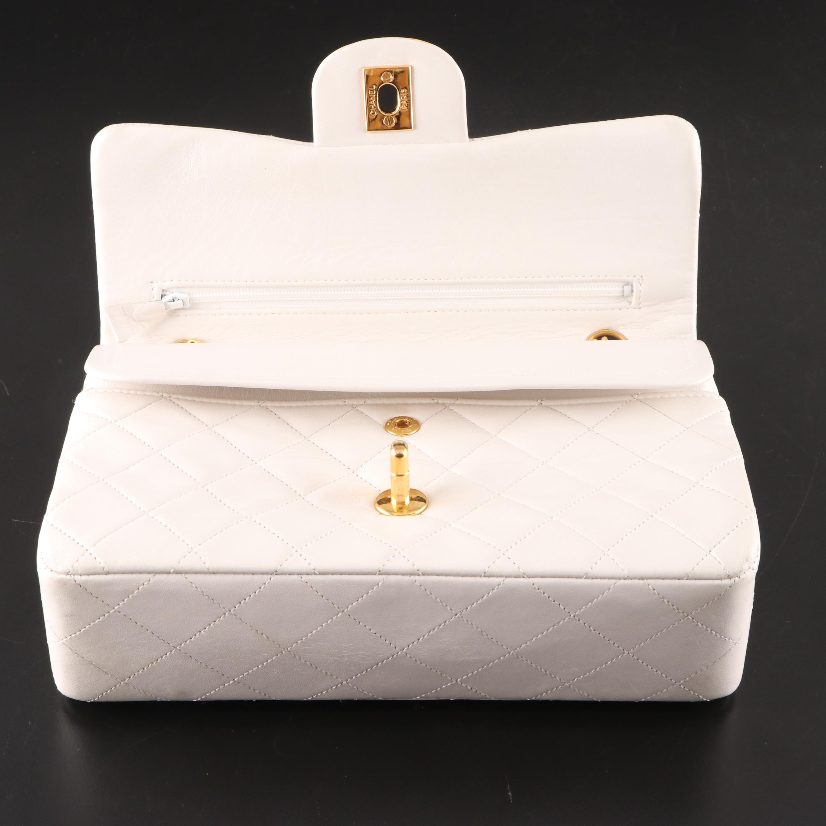 Chanel Small Classic Flap Shoulder Bag in White Quilted Lambskin with Box