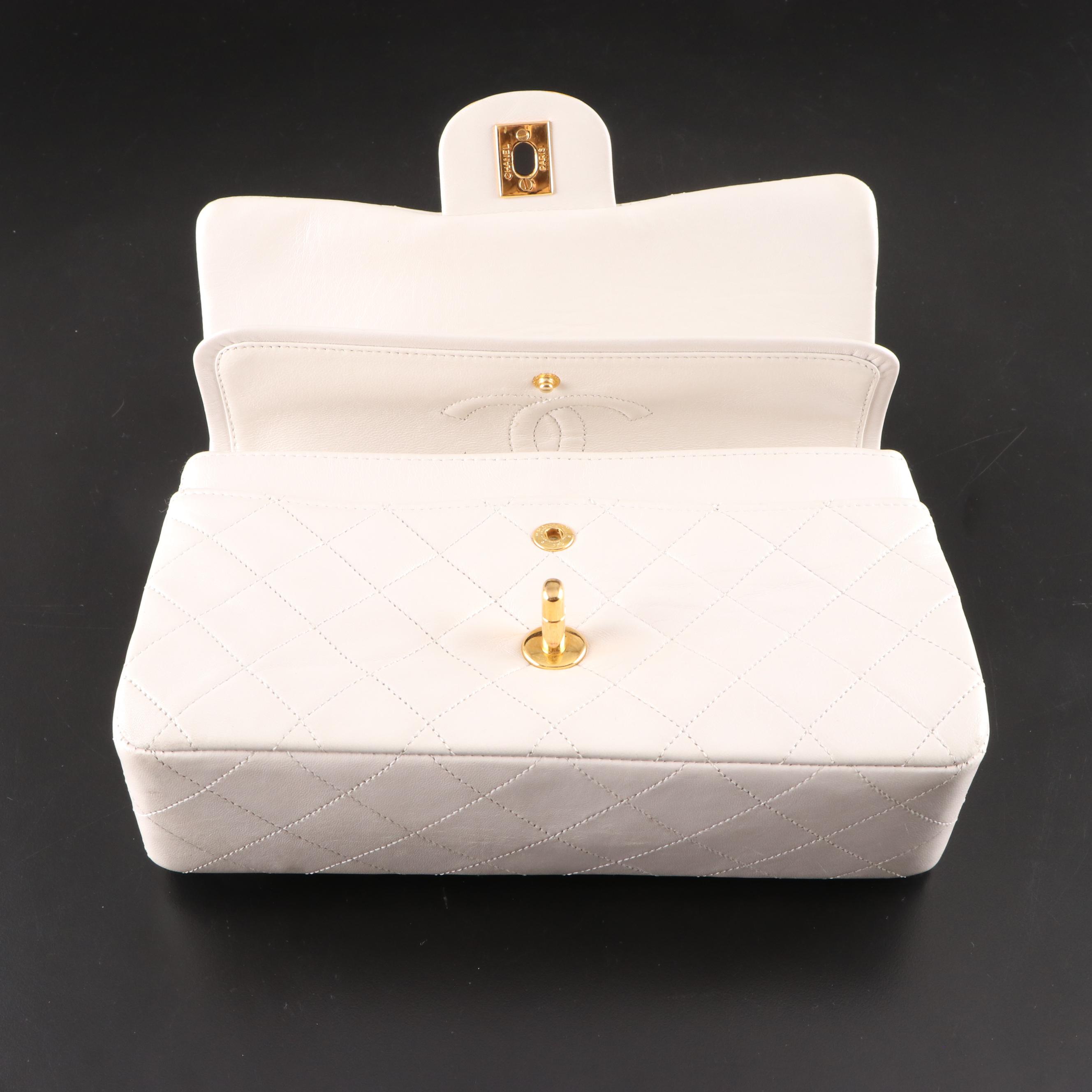 Chanel Small Classic Flap Shoulder Bag in White Quilted Lambskin with Box