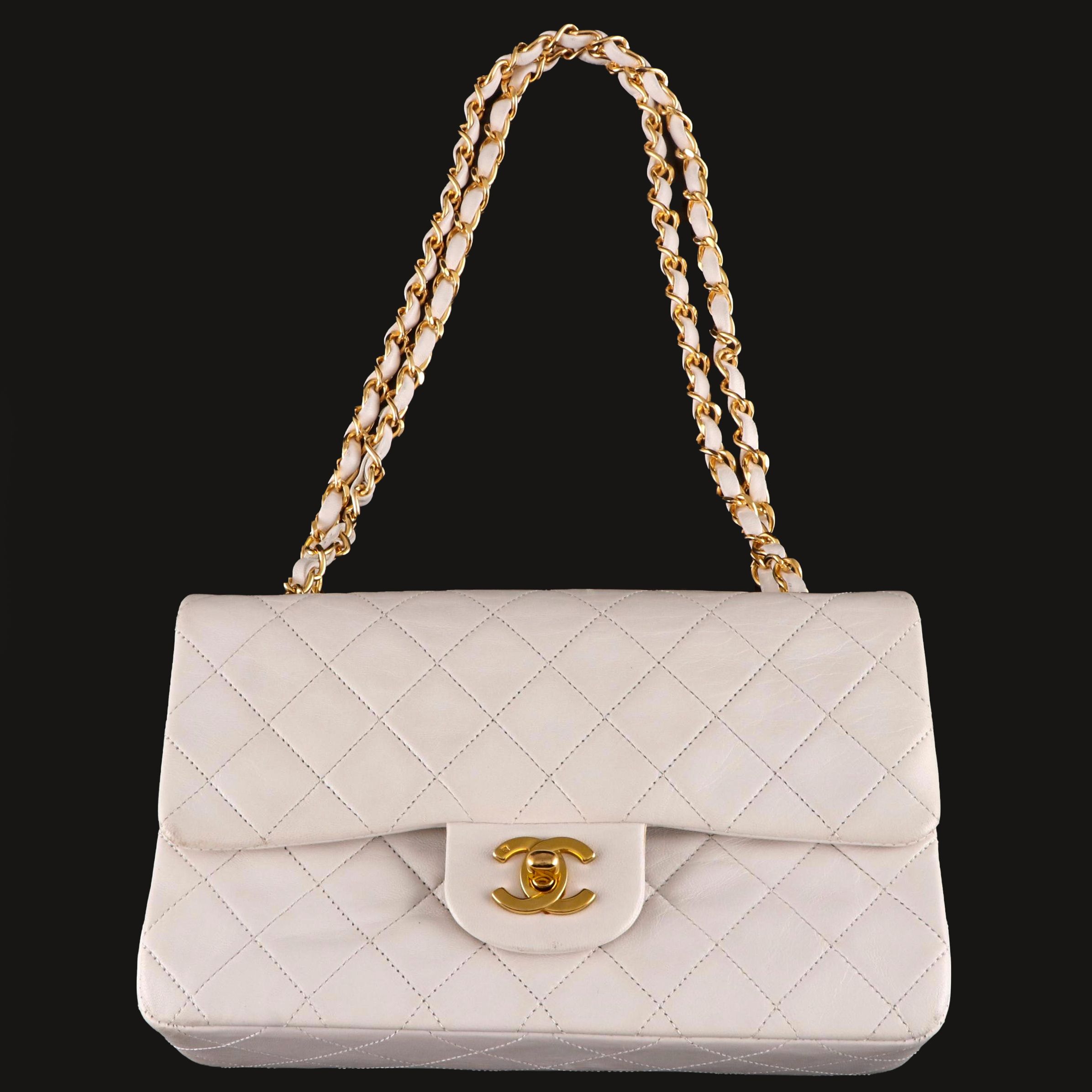 Chanel Small Classic Flap Shoulder Bag in White Quilted Lambskin with Box