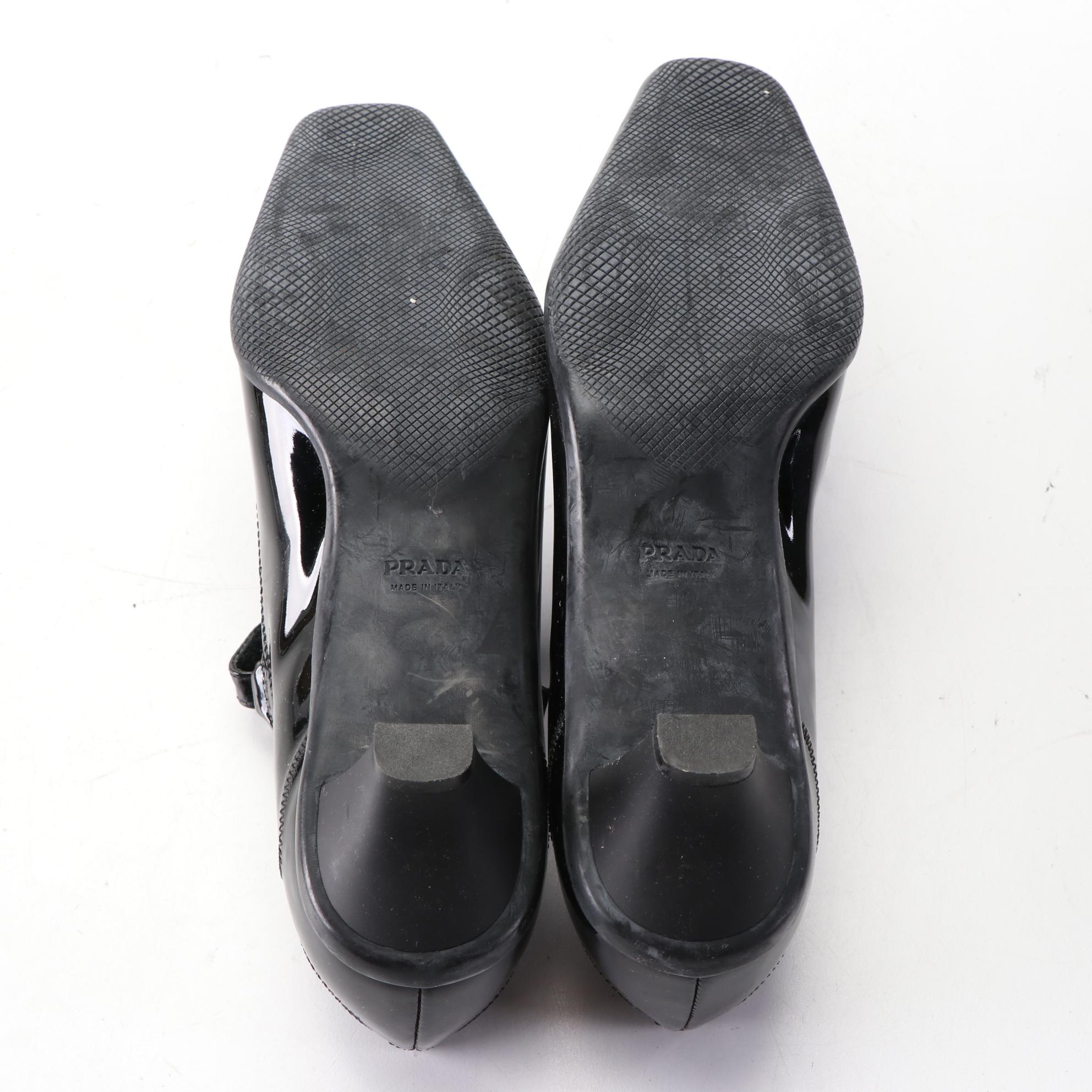 Prada Square-Toe Pumps in Suede and Patent Leather