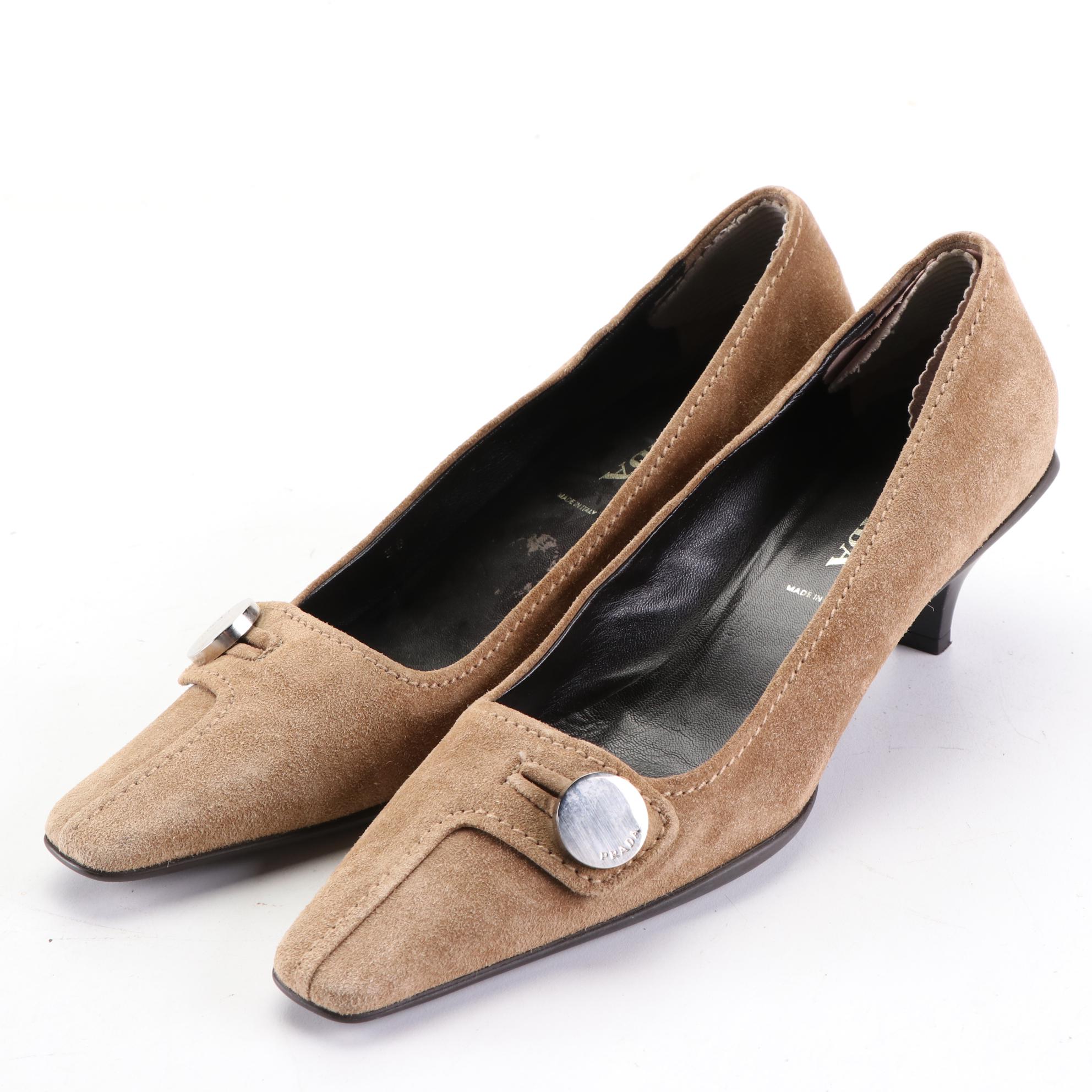 Prada Square-Toe Pumps in Suede and Patent Leather