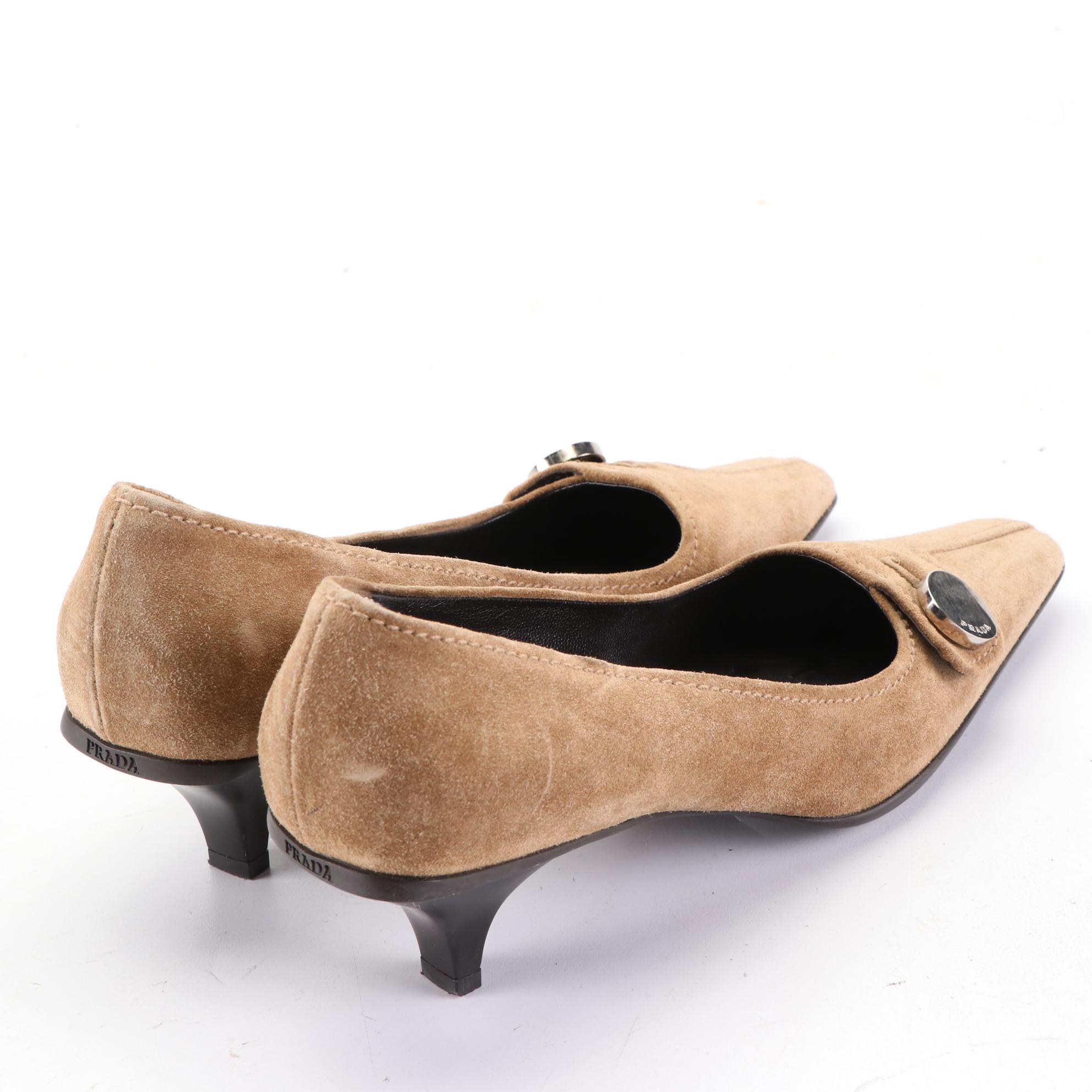 Prada Square-Toe Pumps in Suede and Patent Leather