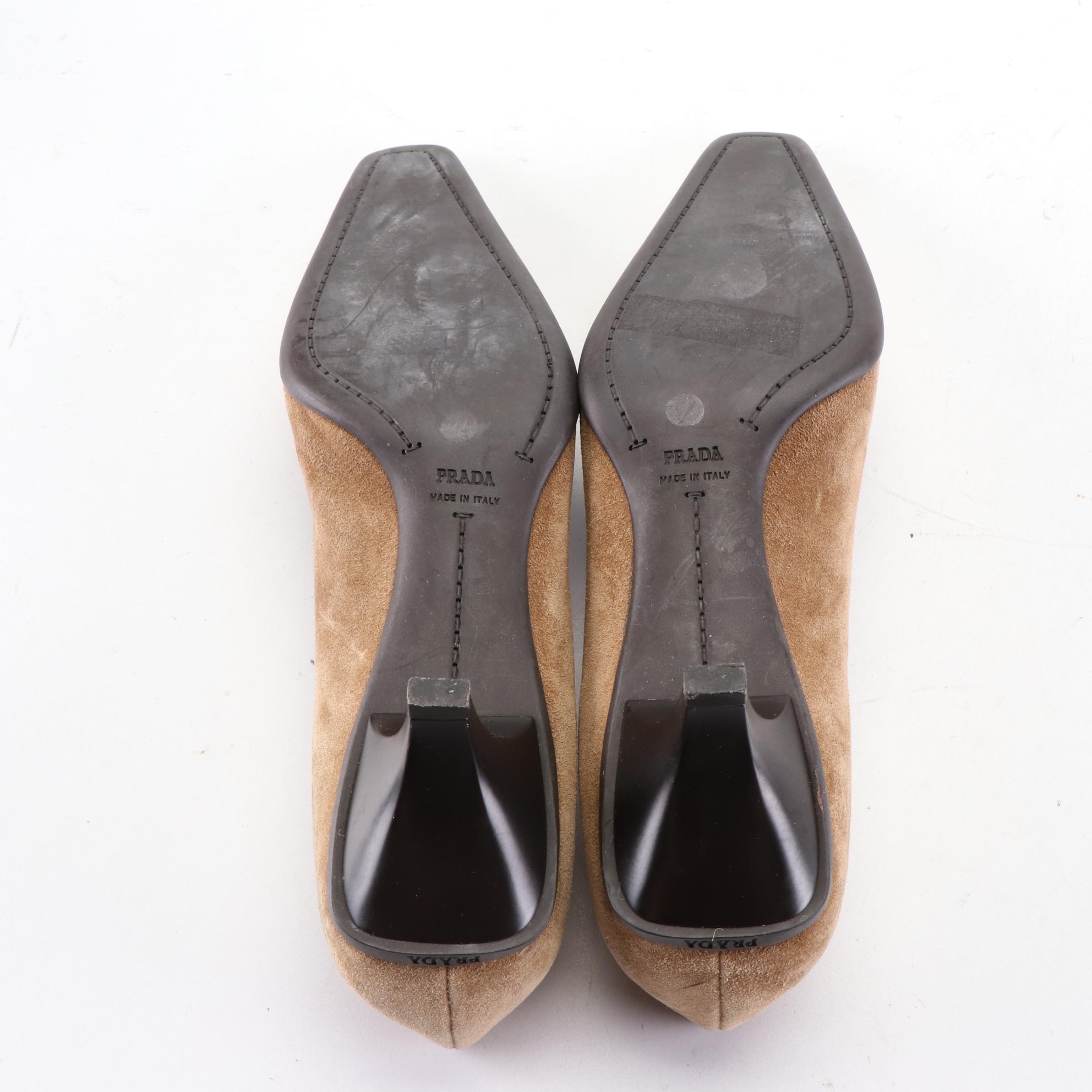 Prada Square-Toe Pumps in Suede and Patent Leather