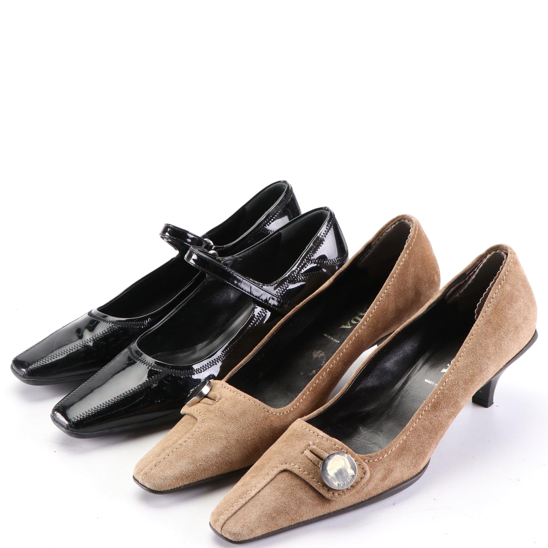 Prada Square-Toe Pumps in Suede and Patent Leather