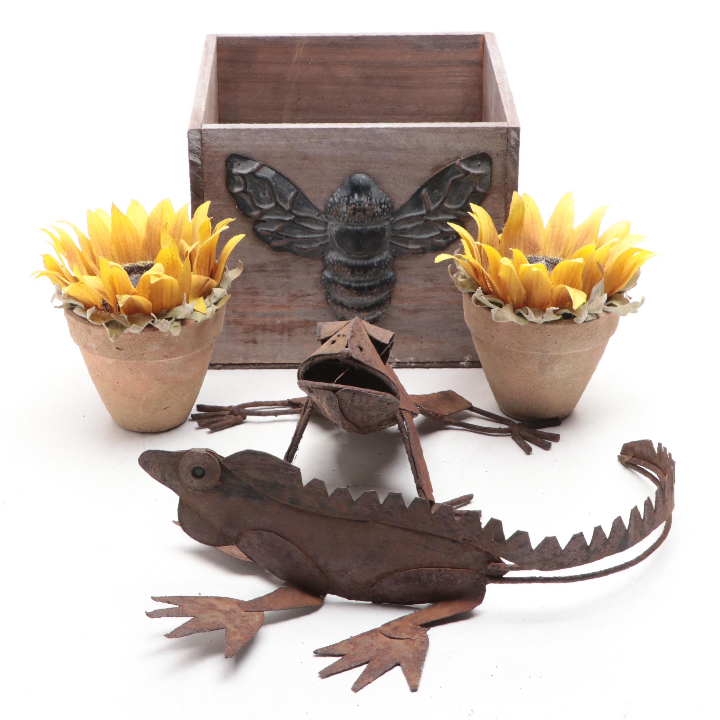 Metal Bee Decorated Box, Potted Faux Sunflowers, Frog Guiro, Lizard, More