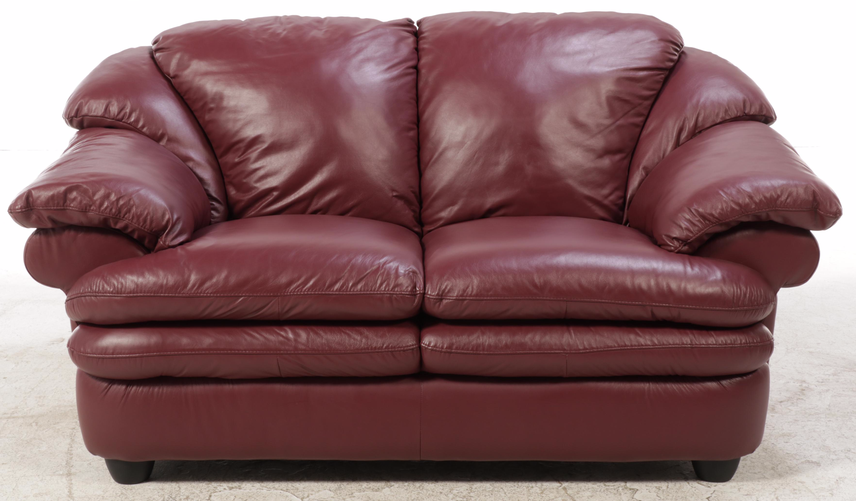 Italian Leather Overstuffed Loveseat with Ottoman