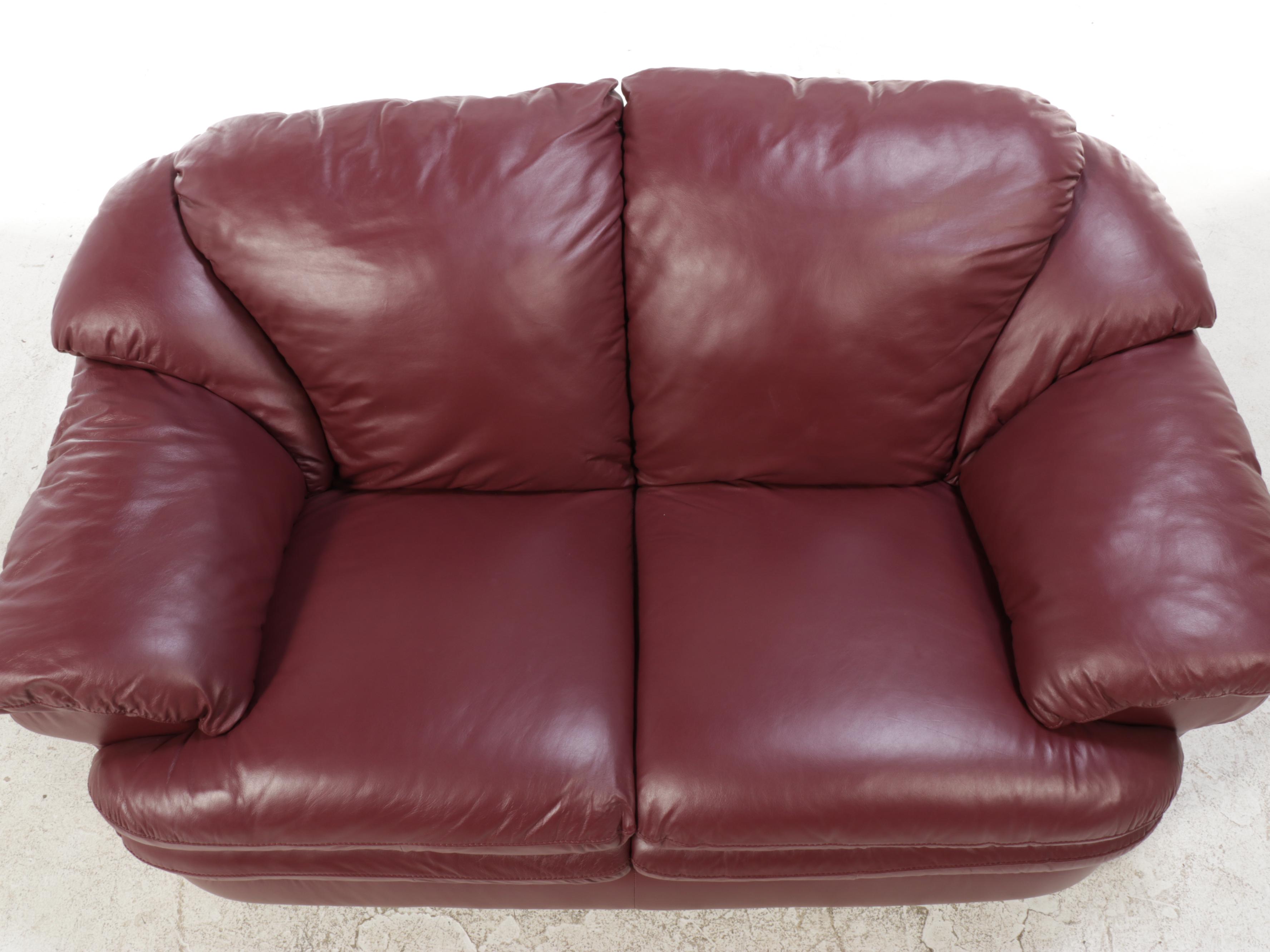 Italian Leather Overstuffed Loveseat with Ottoman