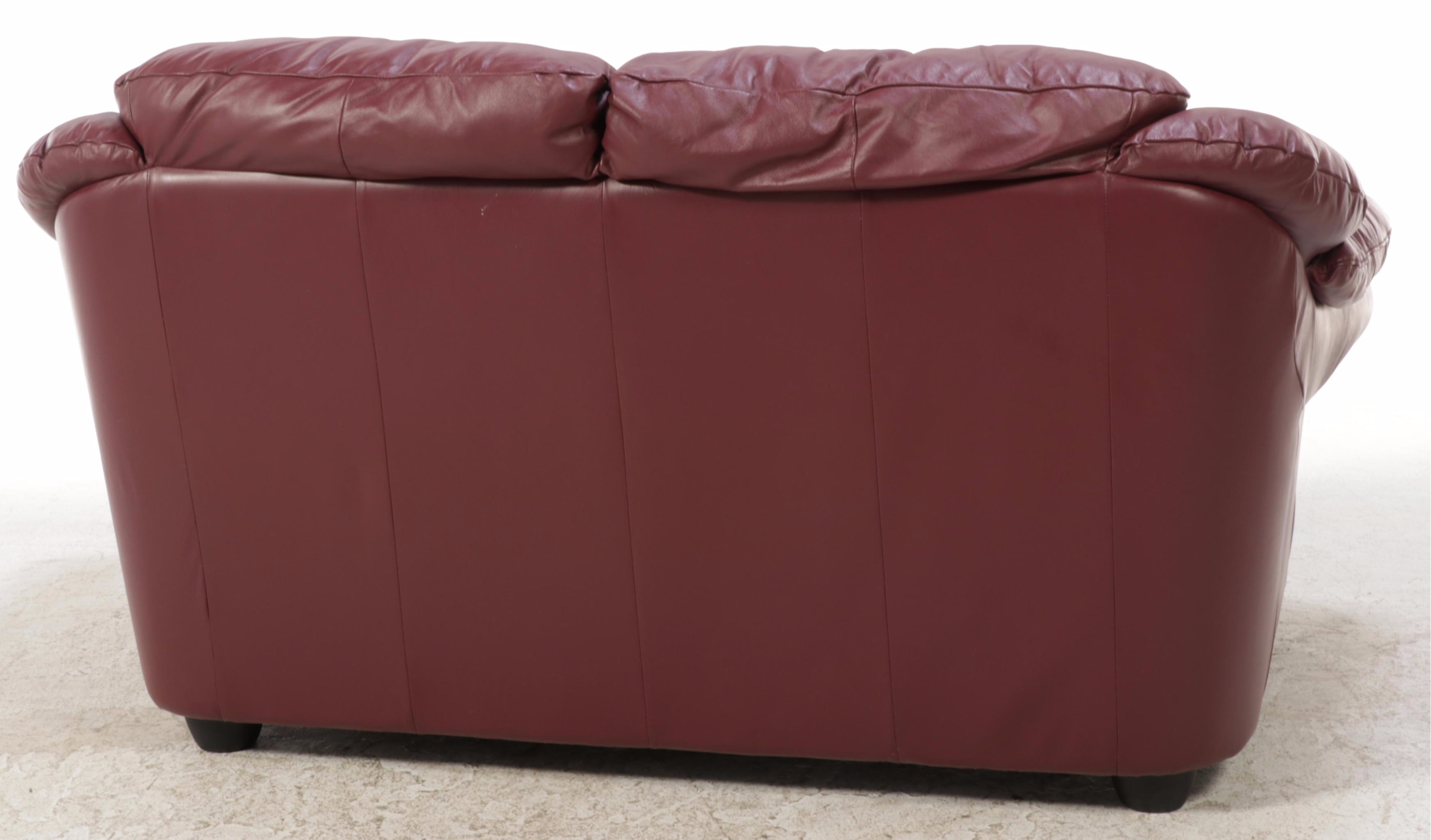 Italian Leather Overstuffed Loveseat with Ottoman