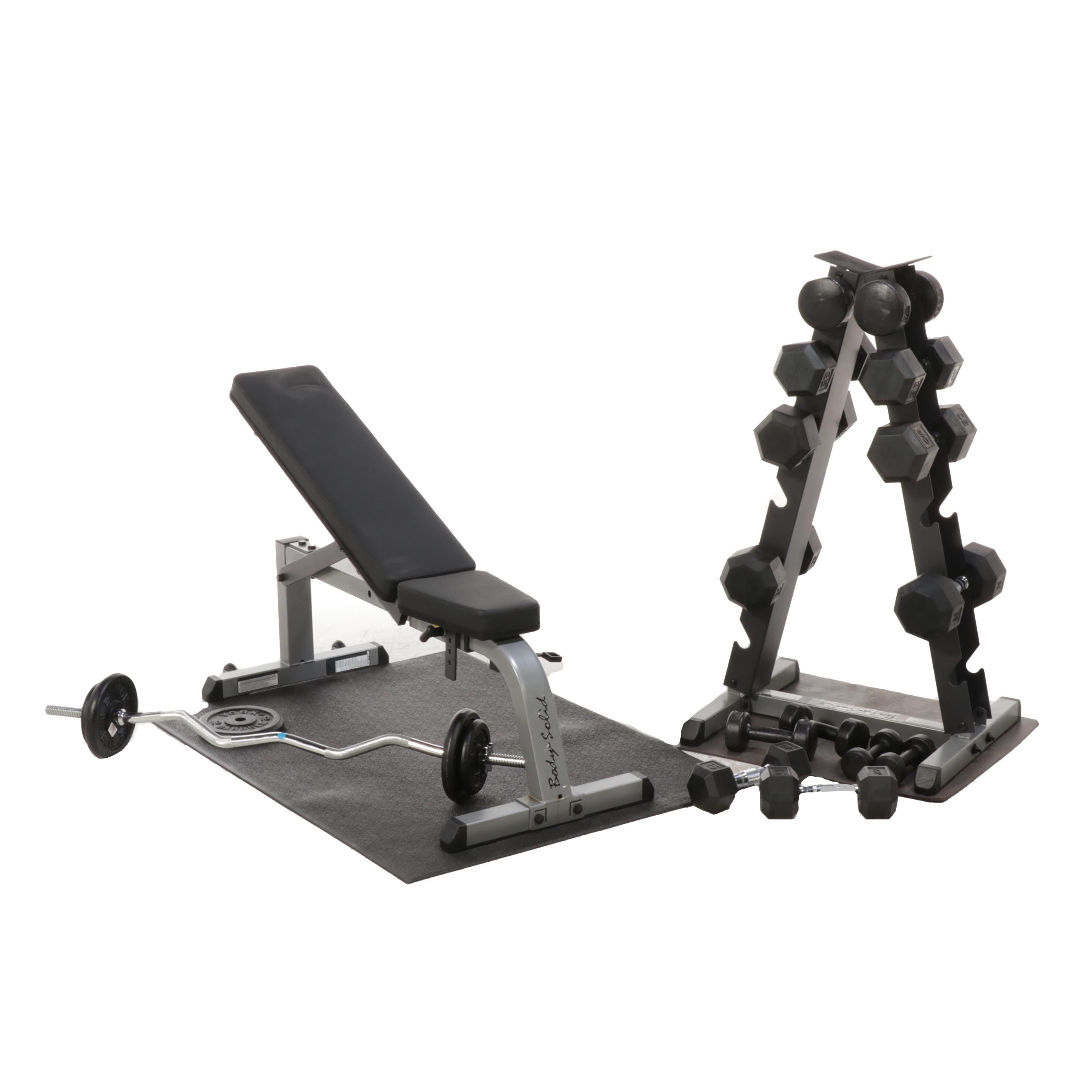 Body Solid Weights and Bench with York Weights, Barbell and Mat