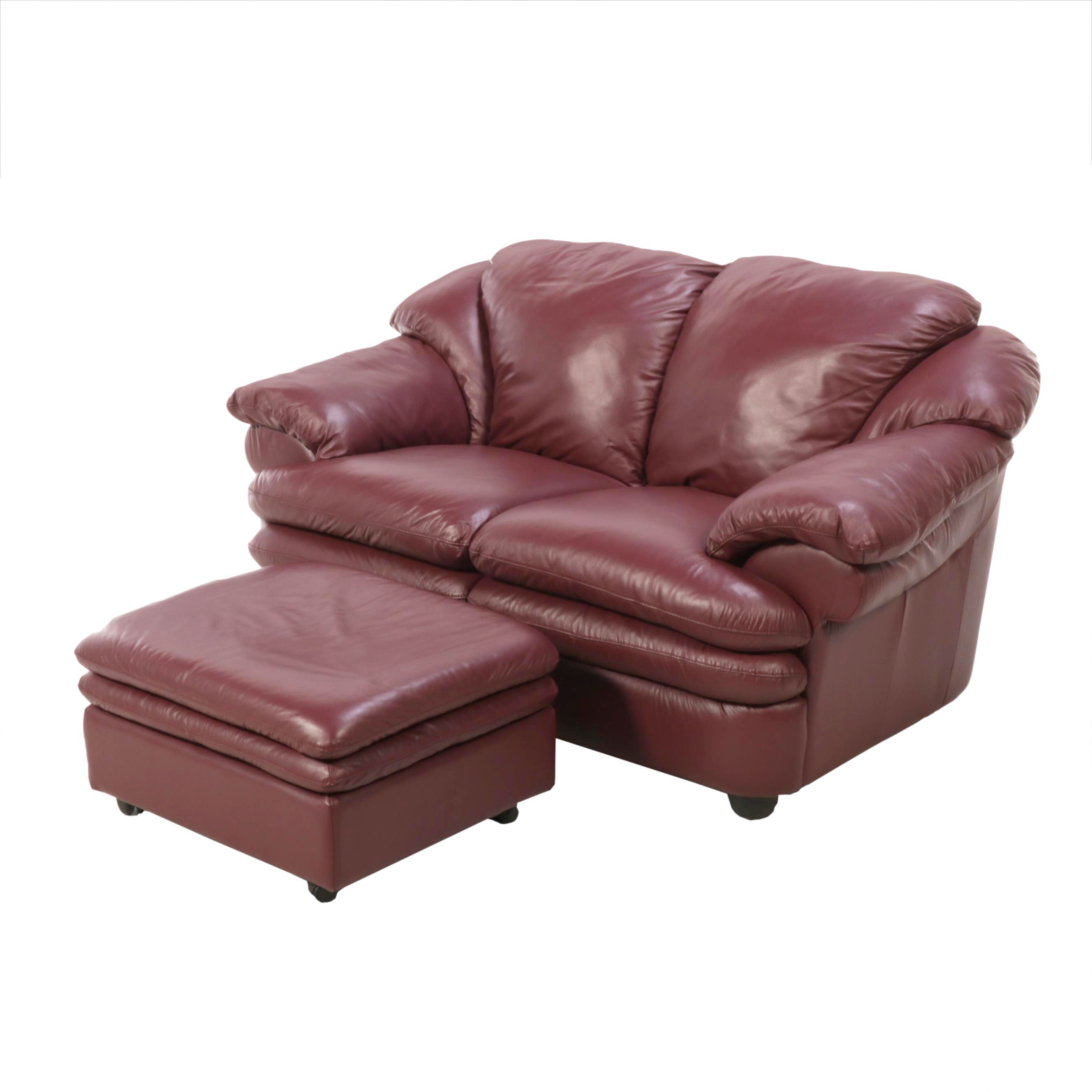 Italian Leather Overstuffed Loveseat with Ottoman