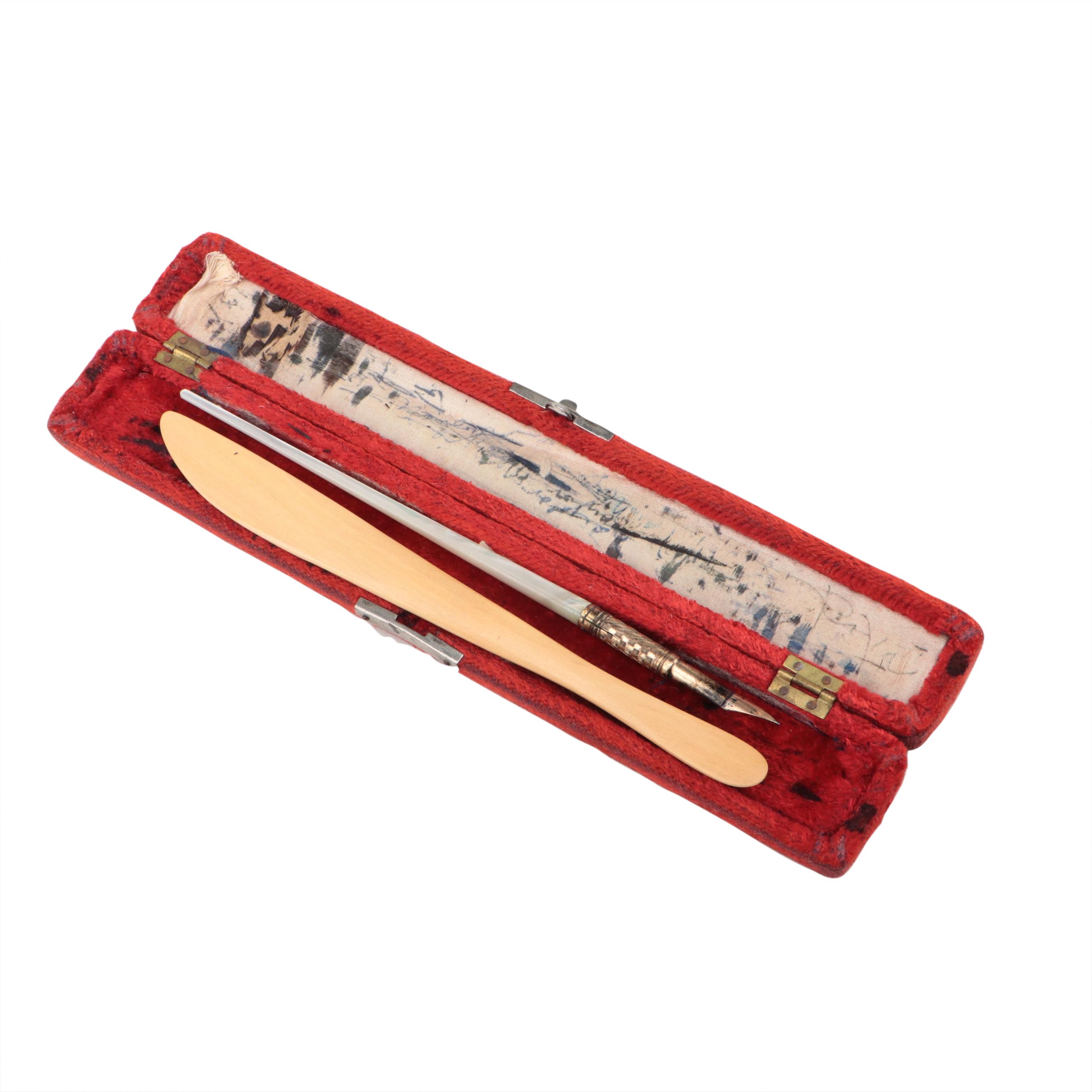 Mother of Pearl and Gold-Filled Ink Dip Pen With Celluloid Letter Opener
