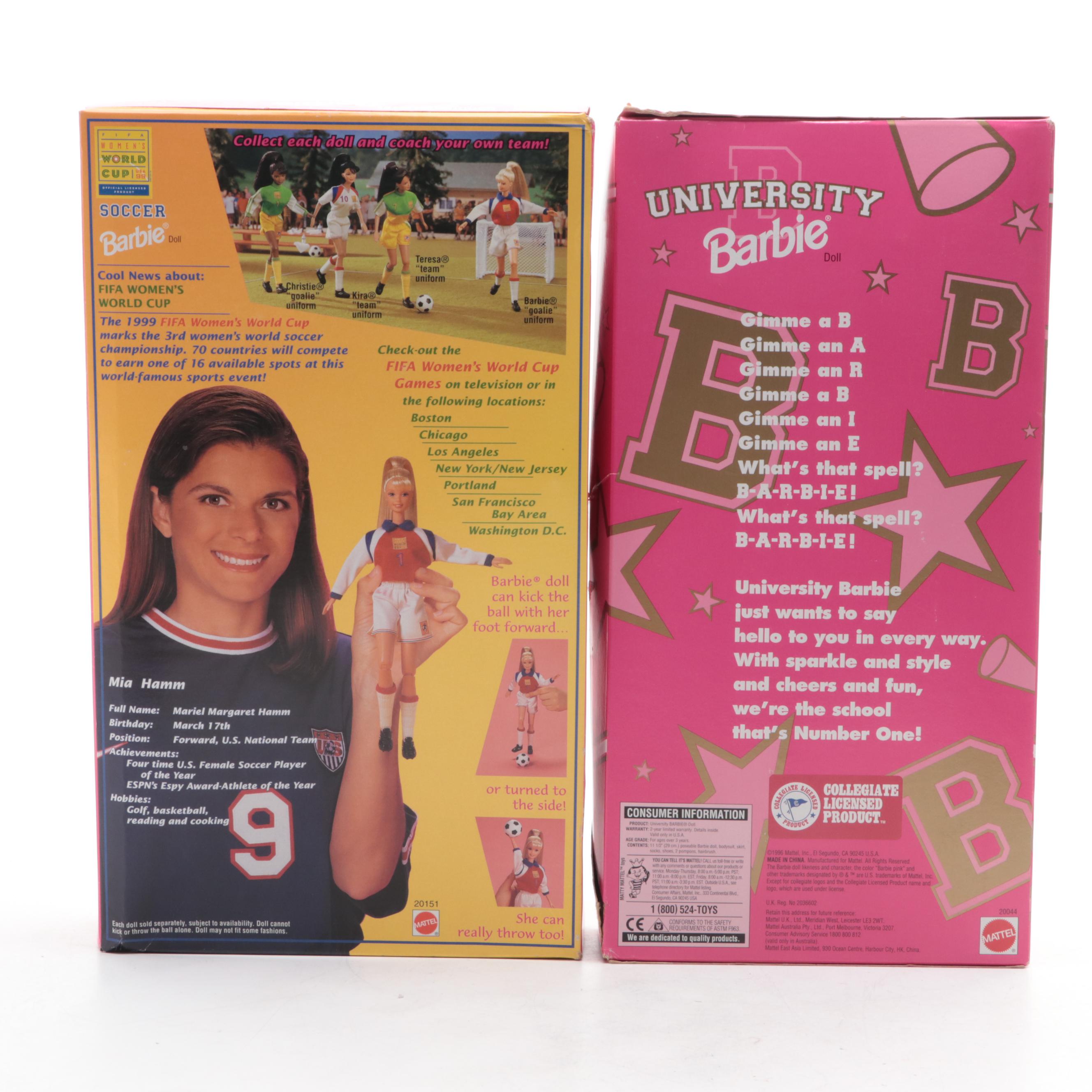 Mattel "Soccer Barbie" and "University Barbie" Dolls, Late 20th Century