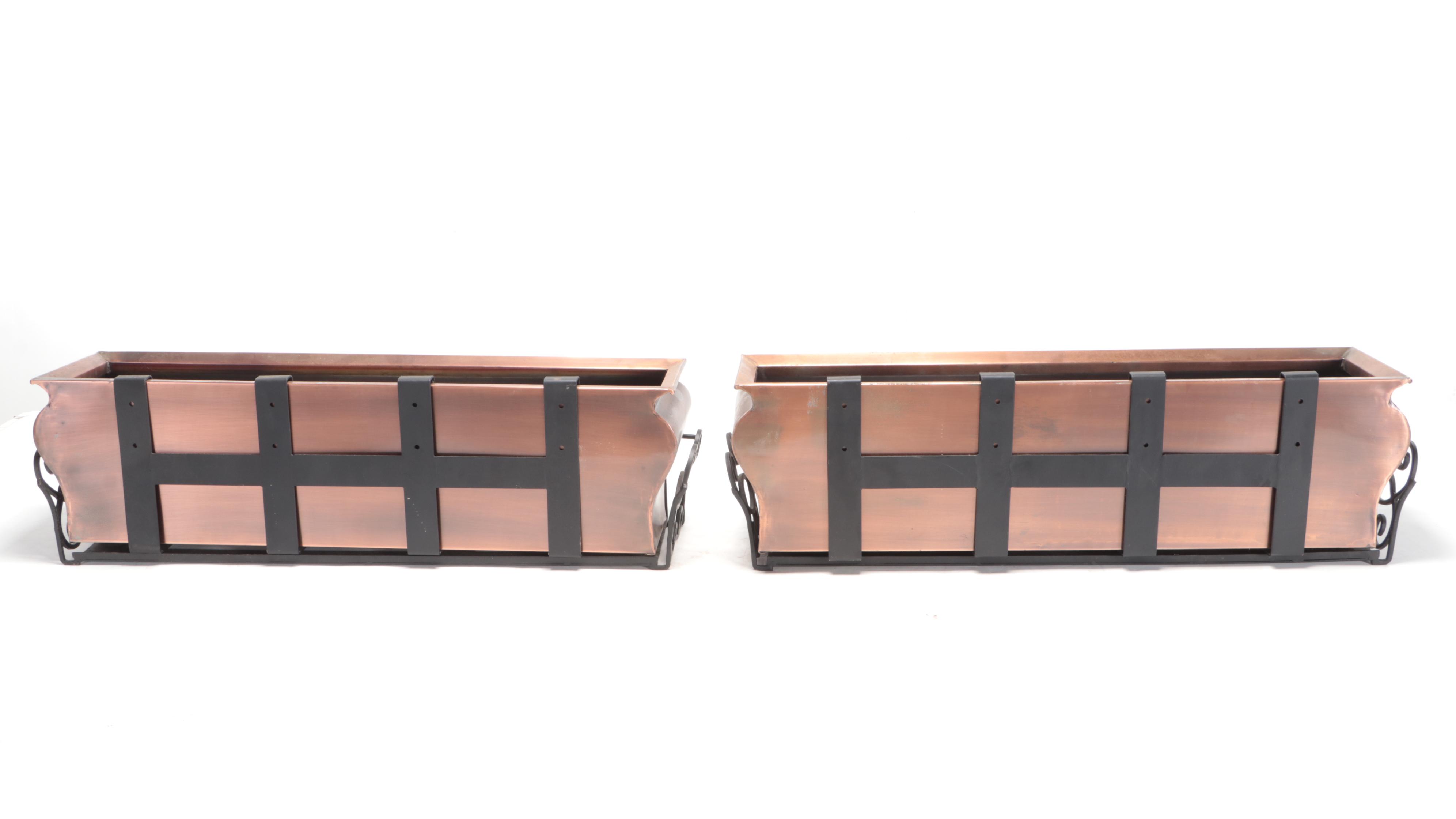 Scrolled Metal and Copper Tone Window Box Planter Pair