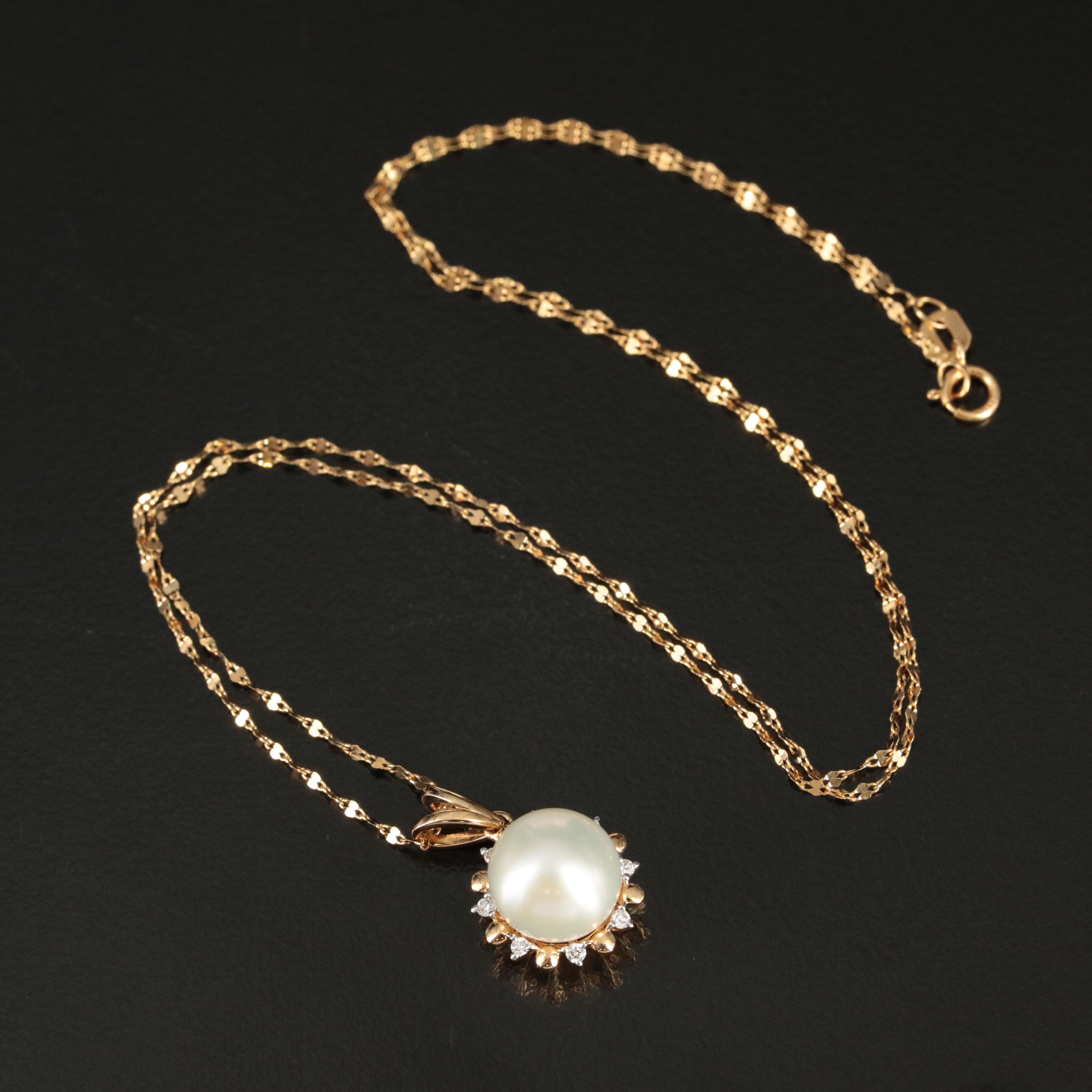 14K Pearl and Diamond Pendant Necklace