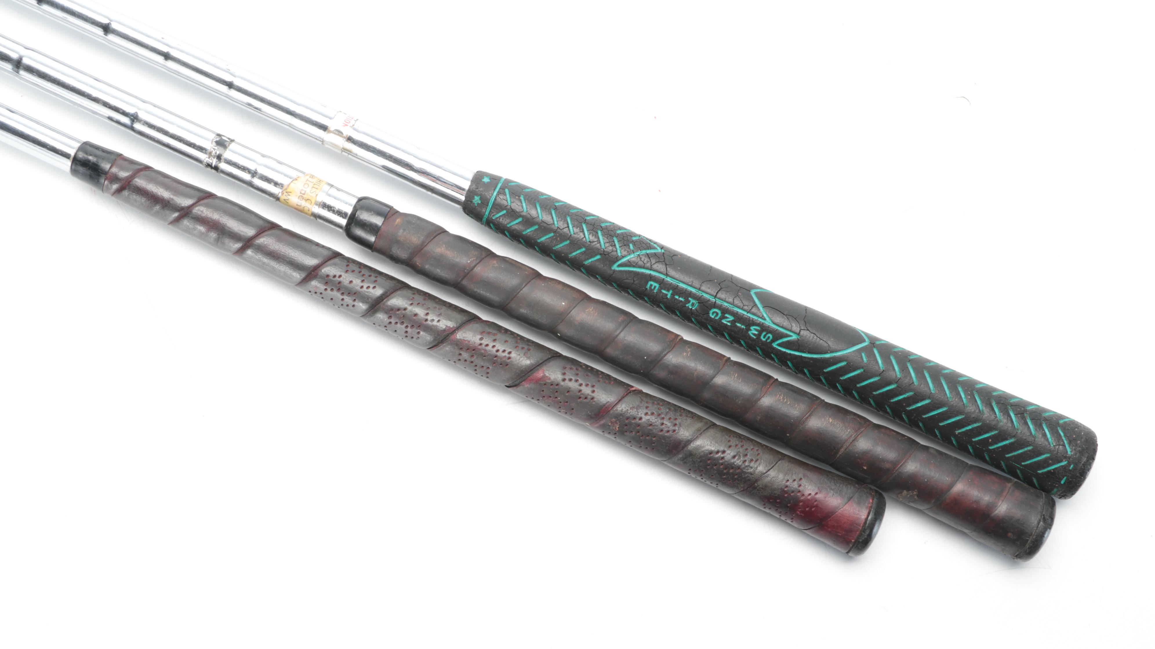 Leather "Michelob" Golf Bag With Persimmon Wood Drivers and Other Golf Clubs