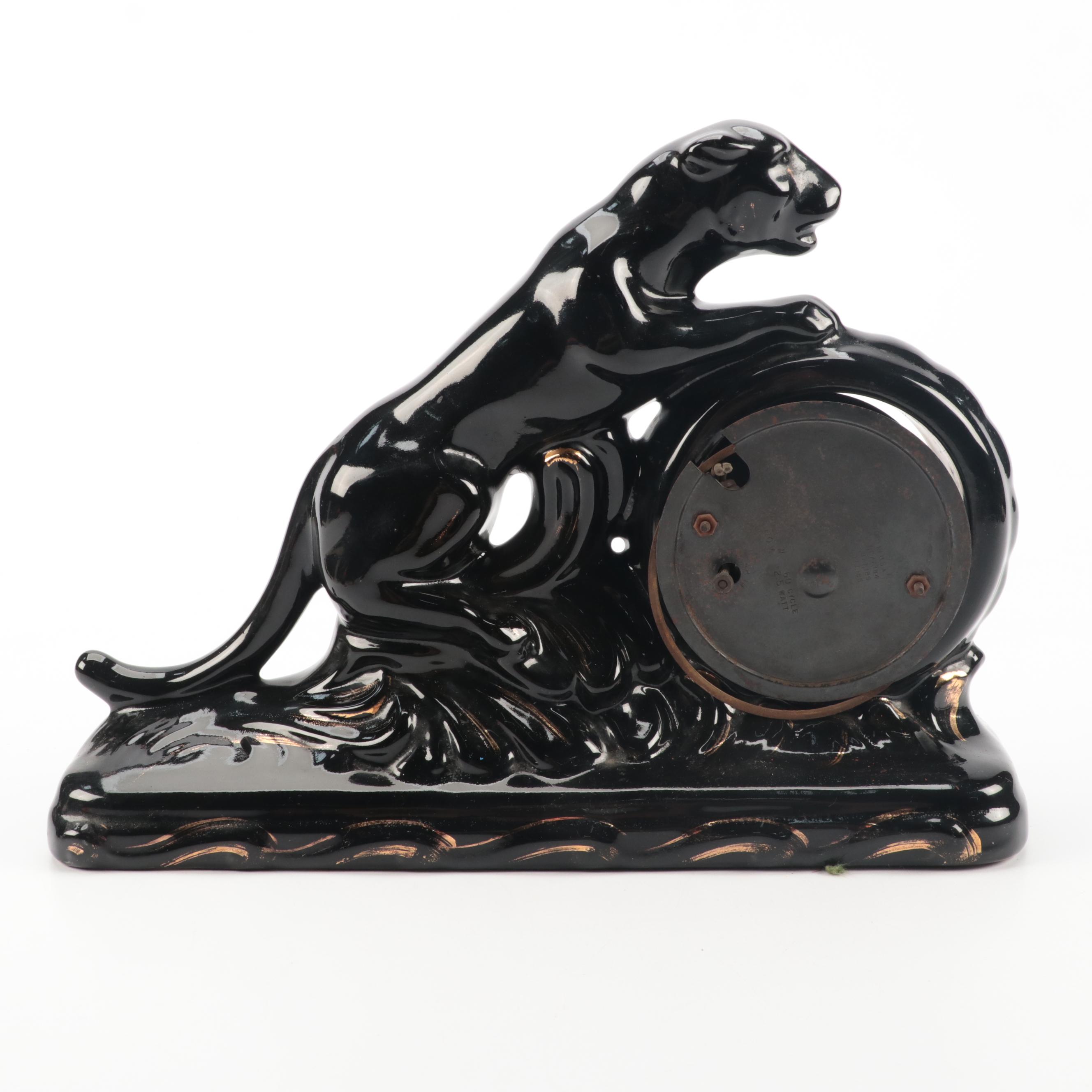 Sessions Art Deco Style Ceramic Panther Figural Mantel Clock, Mid-20th Century